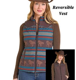 Womens Reversible Chocolate Running Horse Western Quilted Puffer Vest