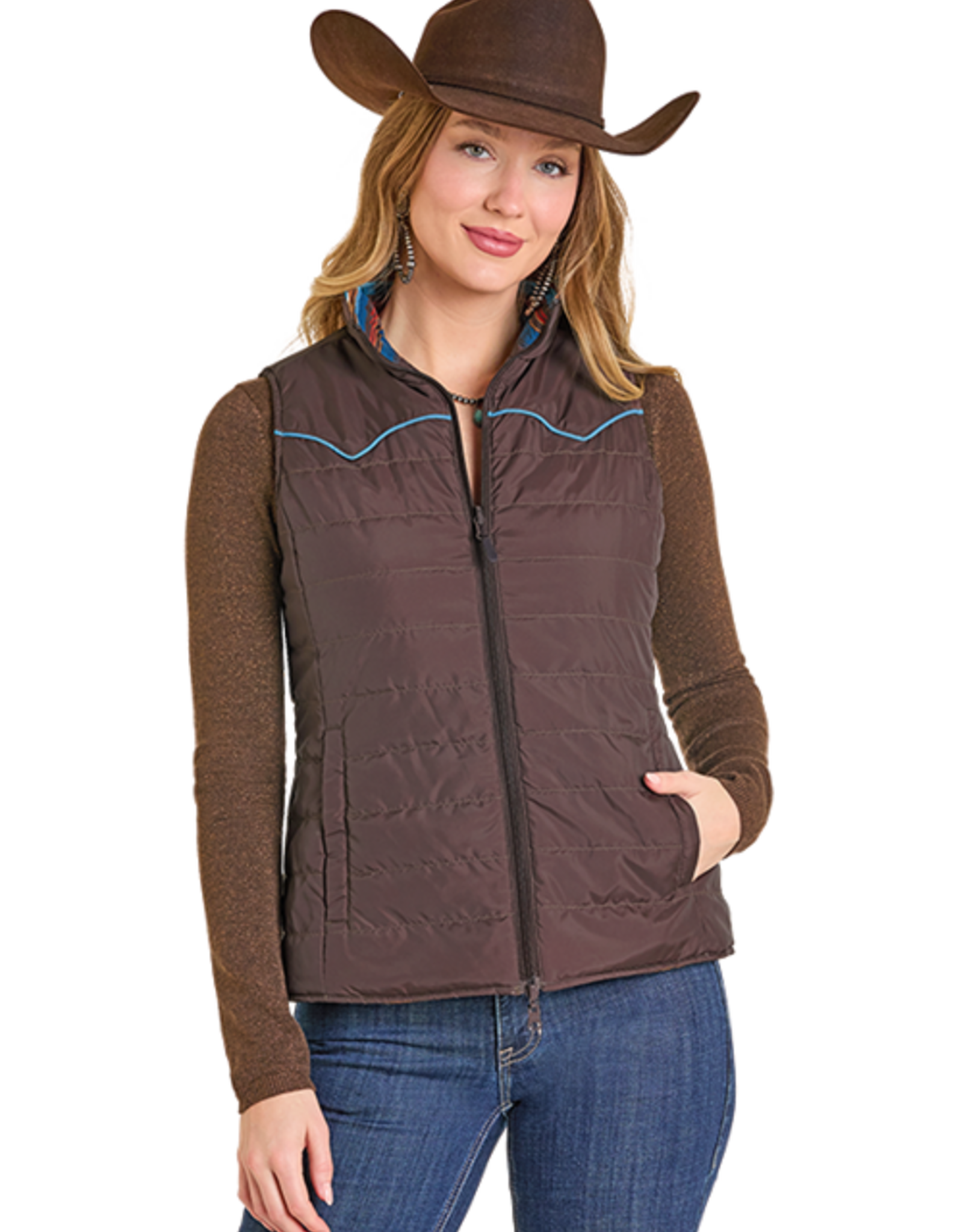 Womens Reversible Chocolate Running Horse Western Quilted Puffer Vest