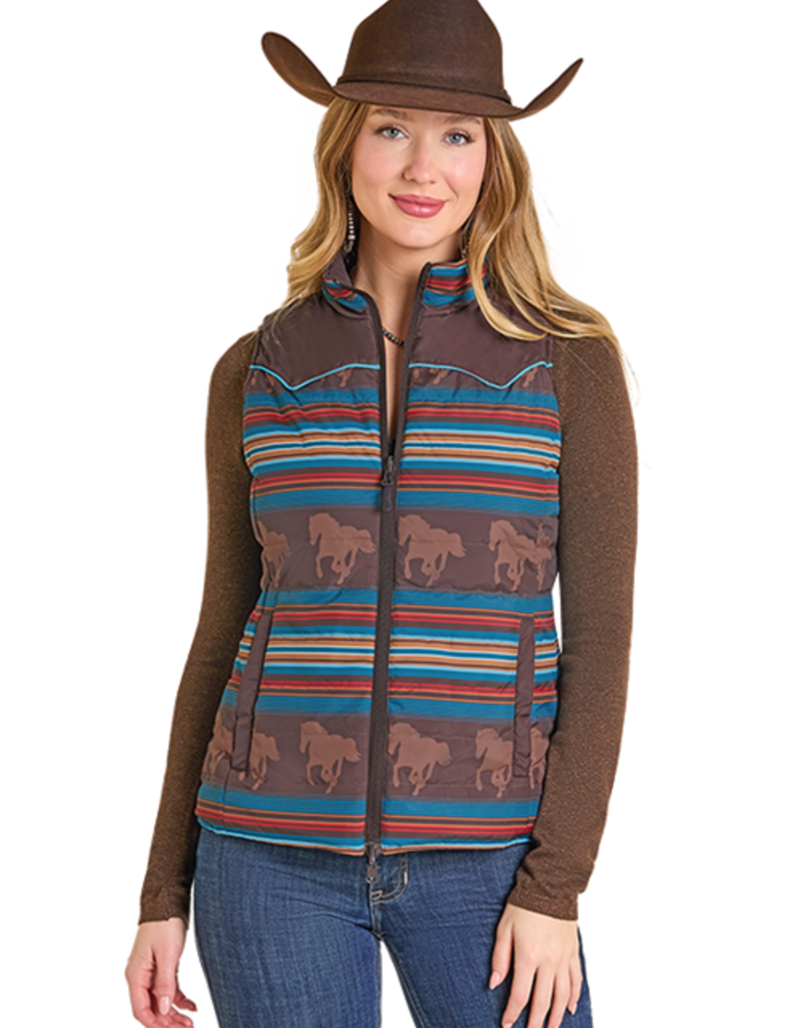 Womens Reversible Chocolate Running Horse Western Quilted Puffer Vest