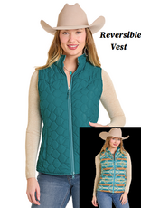 Womens Reversible Teal Cream Aztec Print Western Quilted Puffer Vest