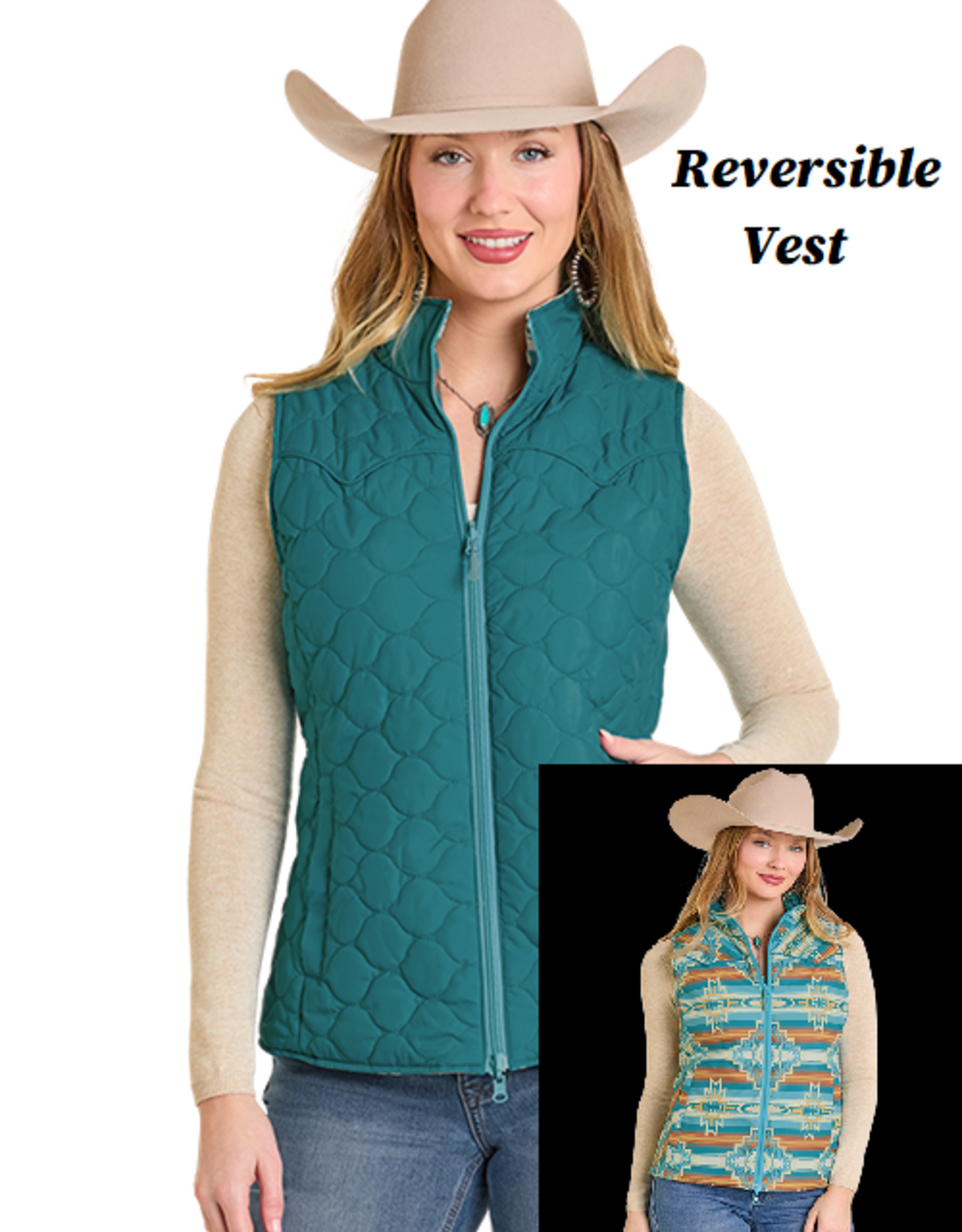 Womens Reversible Teal Cream Aztec Print Western Quilted Puffer Vest