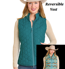 Womens Reversible Teal Cream Aztec Print Western Quilted Puffer Vest