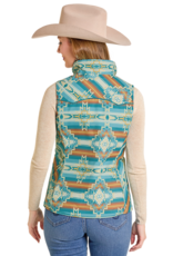 Womens Reversible Teal Cream Aztec Print Western Quilted Puffer Vest