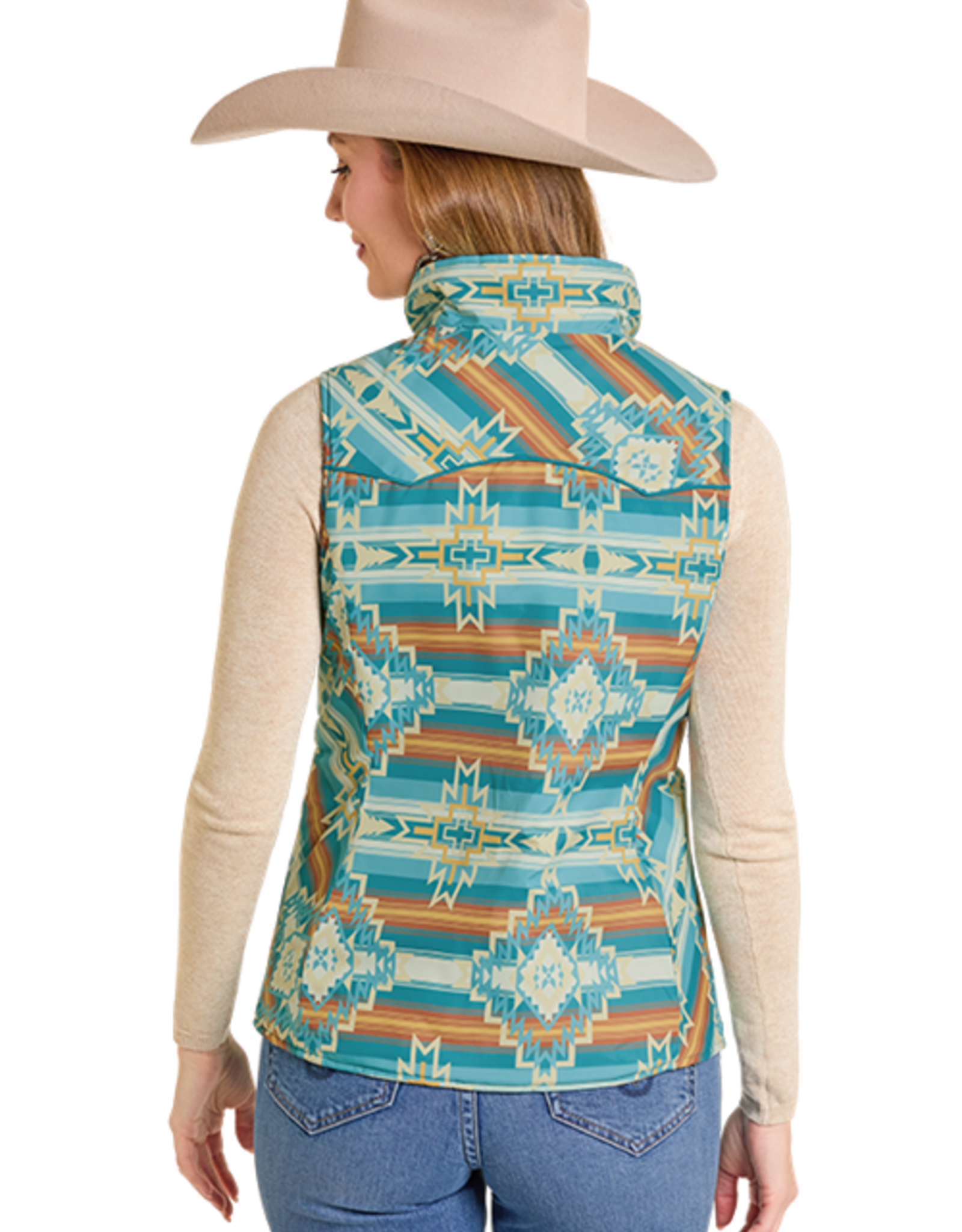 Womens Reversible Teal Cream Aztec Print Western Quilted Puffer Vest