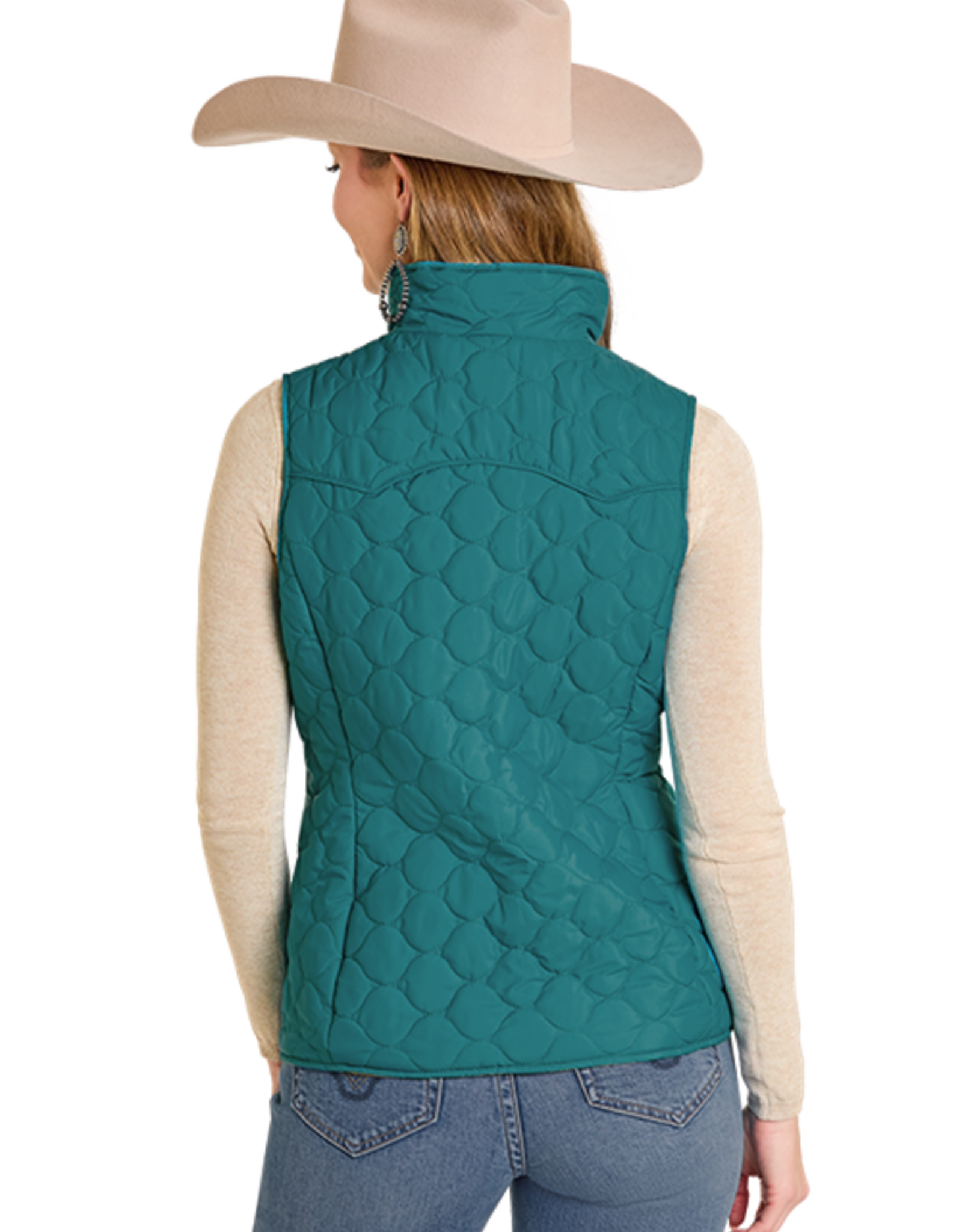 Womens Reversible Teal Cream Aztec Print Western Quilted Puffer Vest