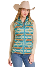 Womens Reversible Teal Cream Aztec Print Western Quilted Puffer Vest