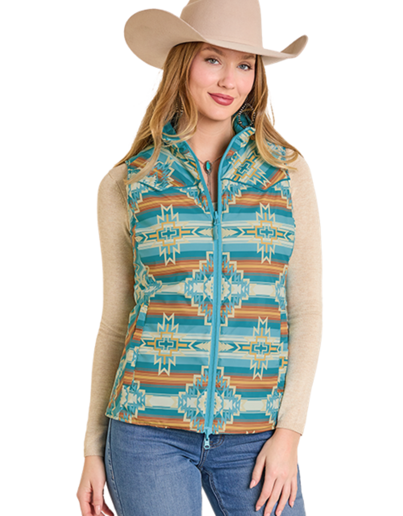 Womens Reversible Teal Cream Aztec Print Western Quilted Puffer Vest