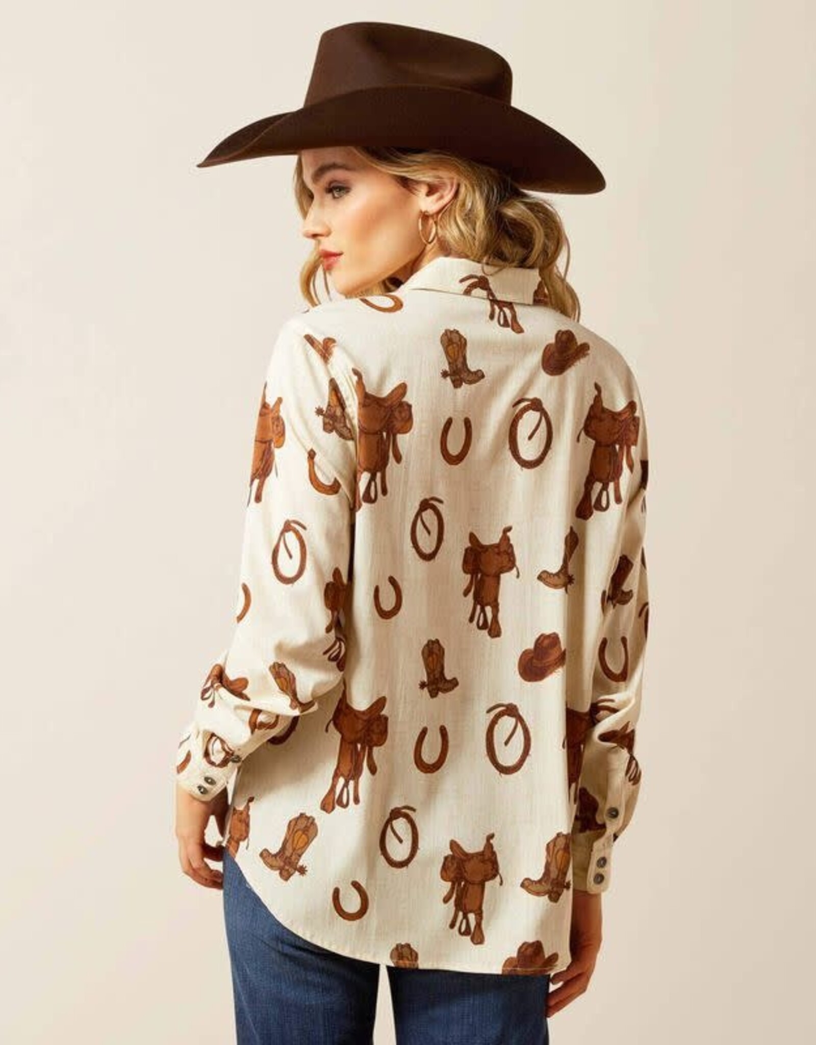 Ariat Womens Ariat Cream Western Motif Homestyle Long Sleeve Button Shirt