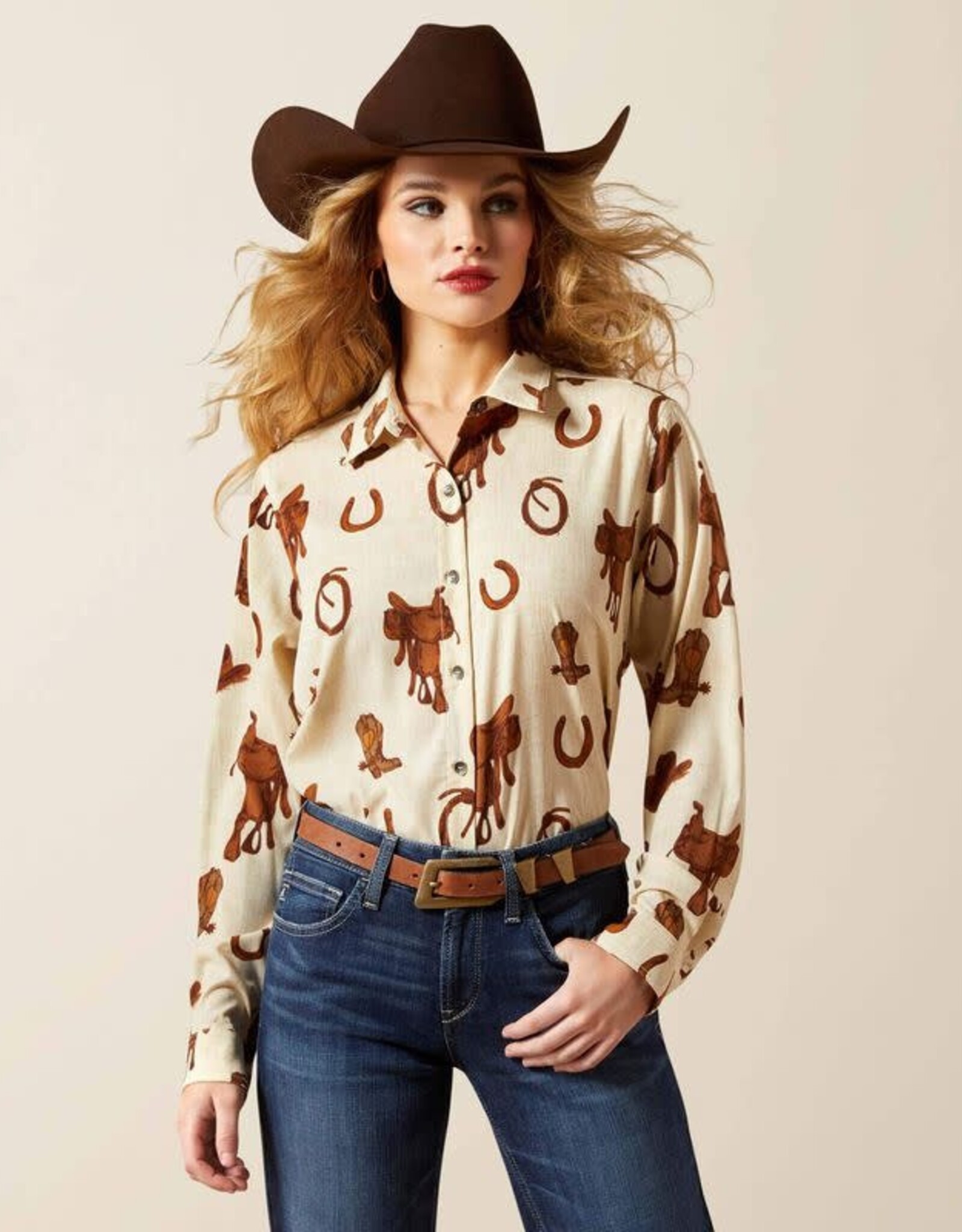 Ariat Womens Ariat Cream Western Motif Homestyle Long Sleeve Button Shirt