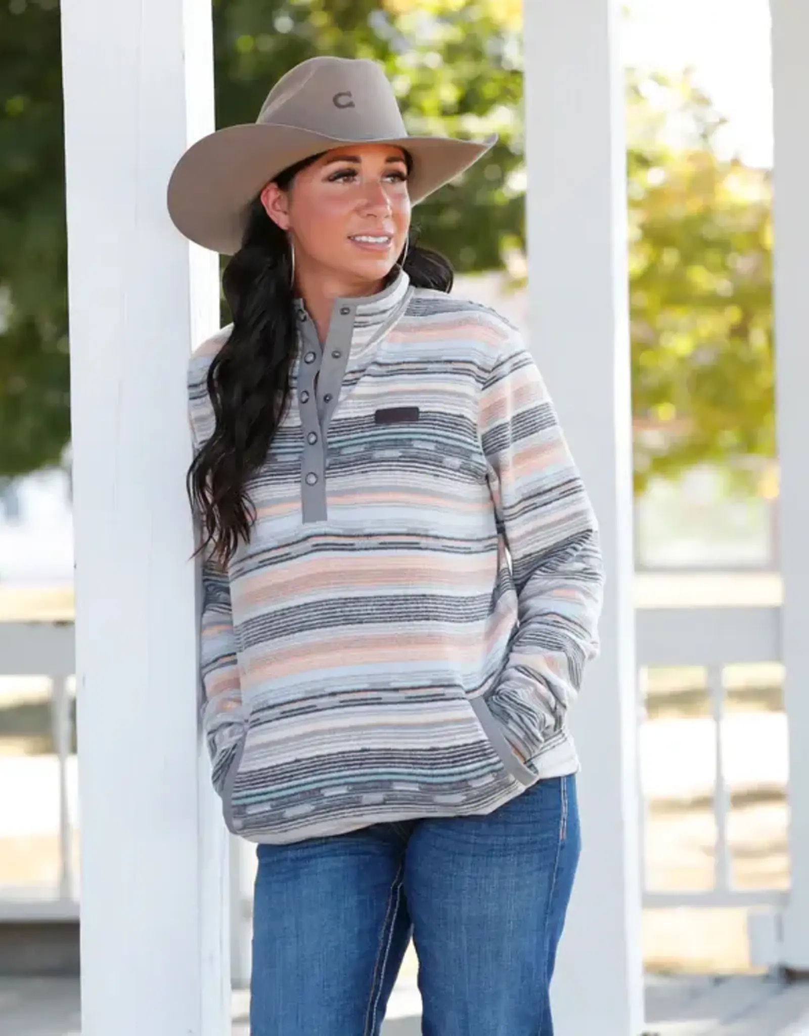 Cinch Womens Cinch Grey Print Polar Fleece Quarter Snap Pullover