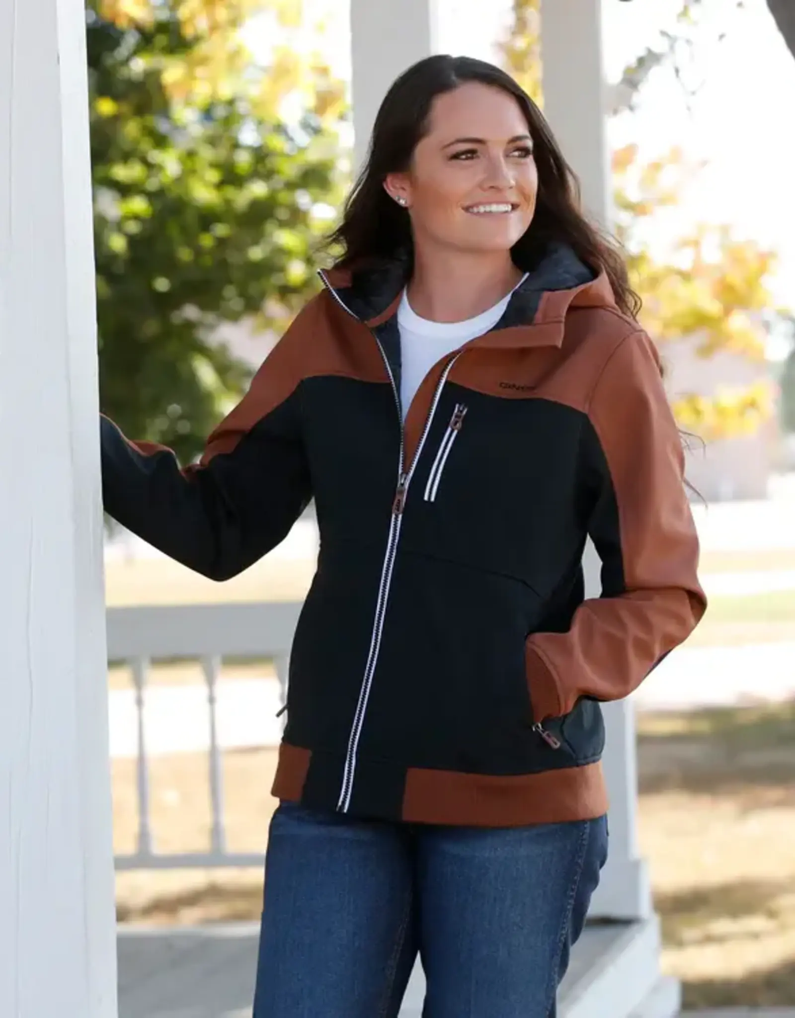 Cinch Womens Cinch Brown and Black Full Zipper Soft Shell Hooded Jacket