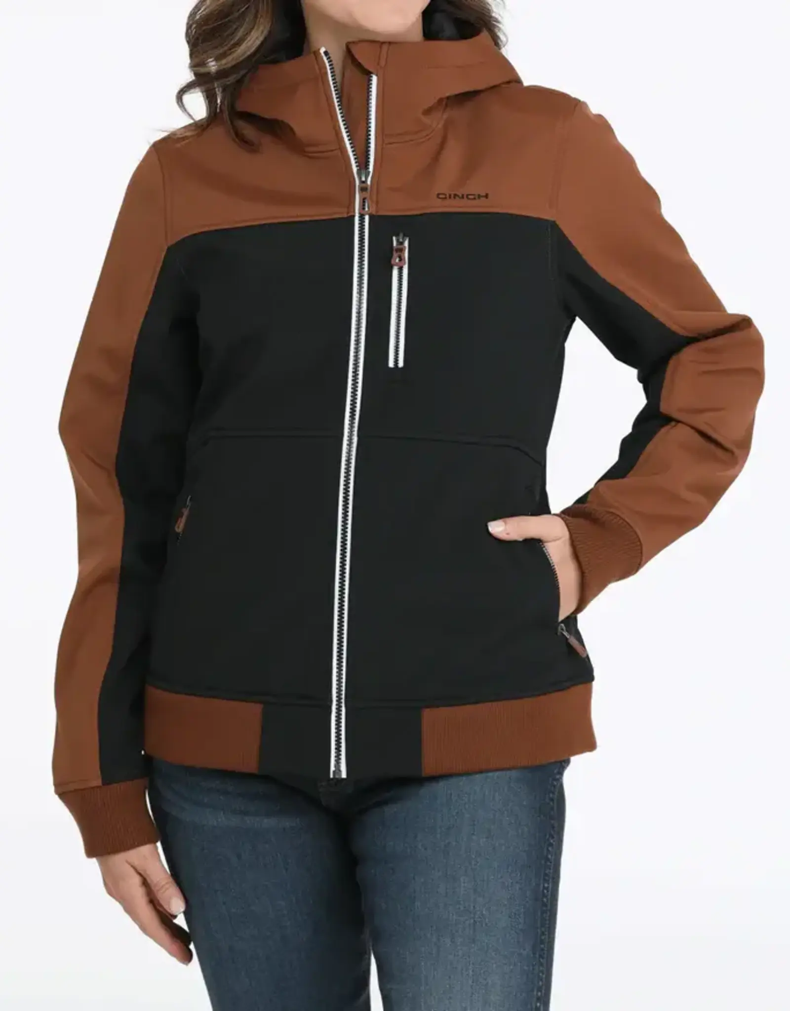 Cinch Womens Cinch Brown and Black Full Zipper Soft Shell Hooded Jacket