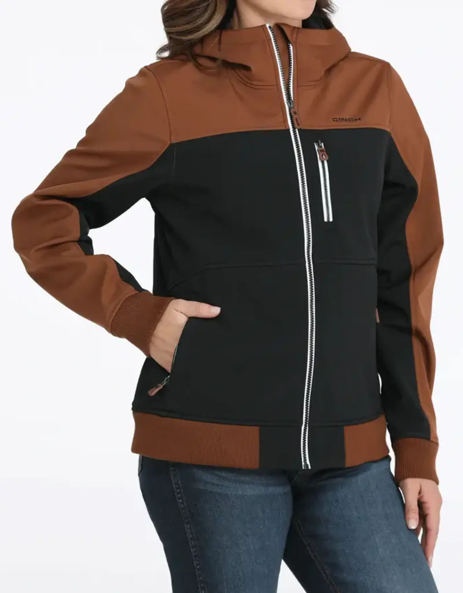 Cinch Womens Cinch Brown and Black Full Zipper Soft Shell Hooded Jacket
