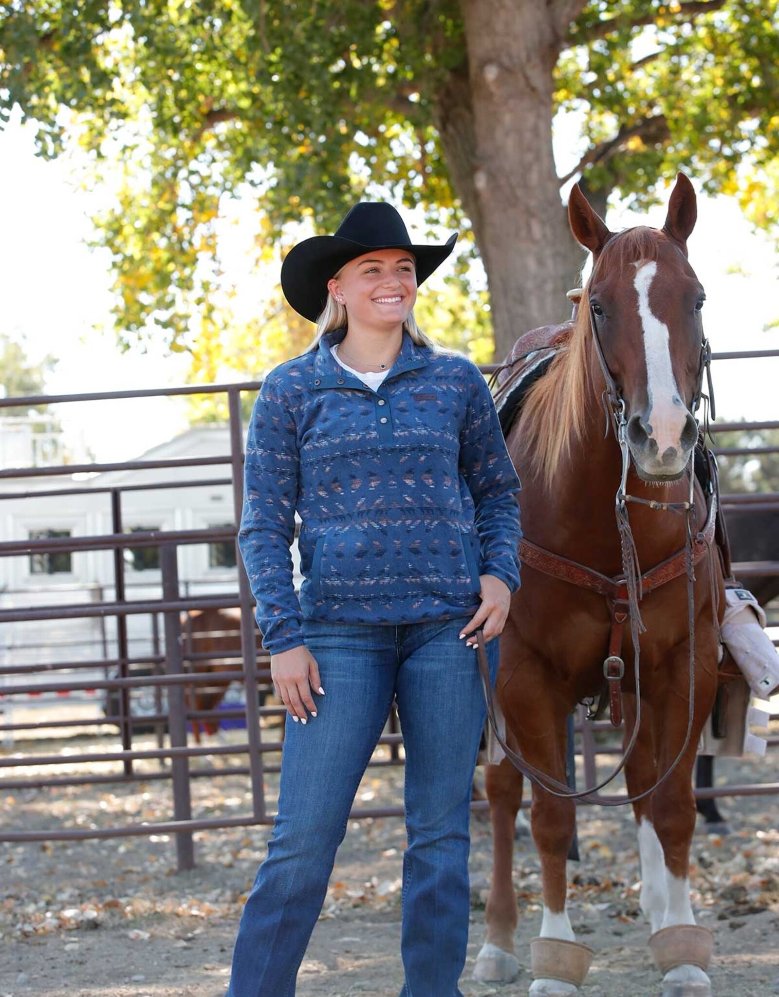 Cinch Womens Cinch Blue Print Polar Fleece Quarter Snap Pullover