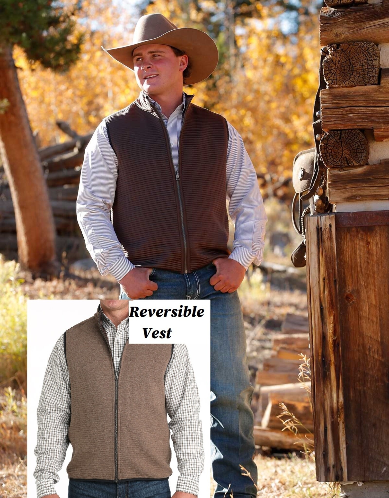 Cinch Mens Cinch Reversible Chocolate and Tan Western Ribbed Sweater Vest