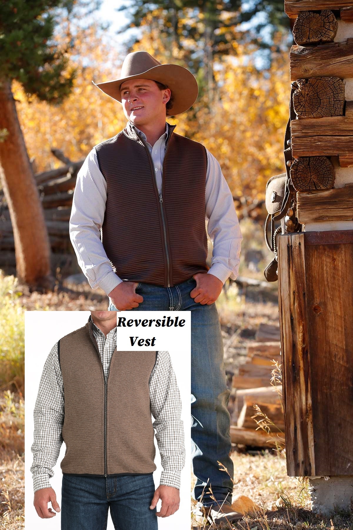 Mens Cinch Reversible Chocolate and Tan Western Ribbed Sweater