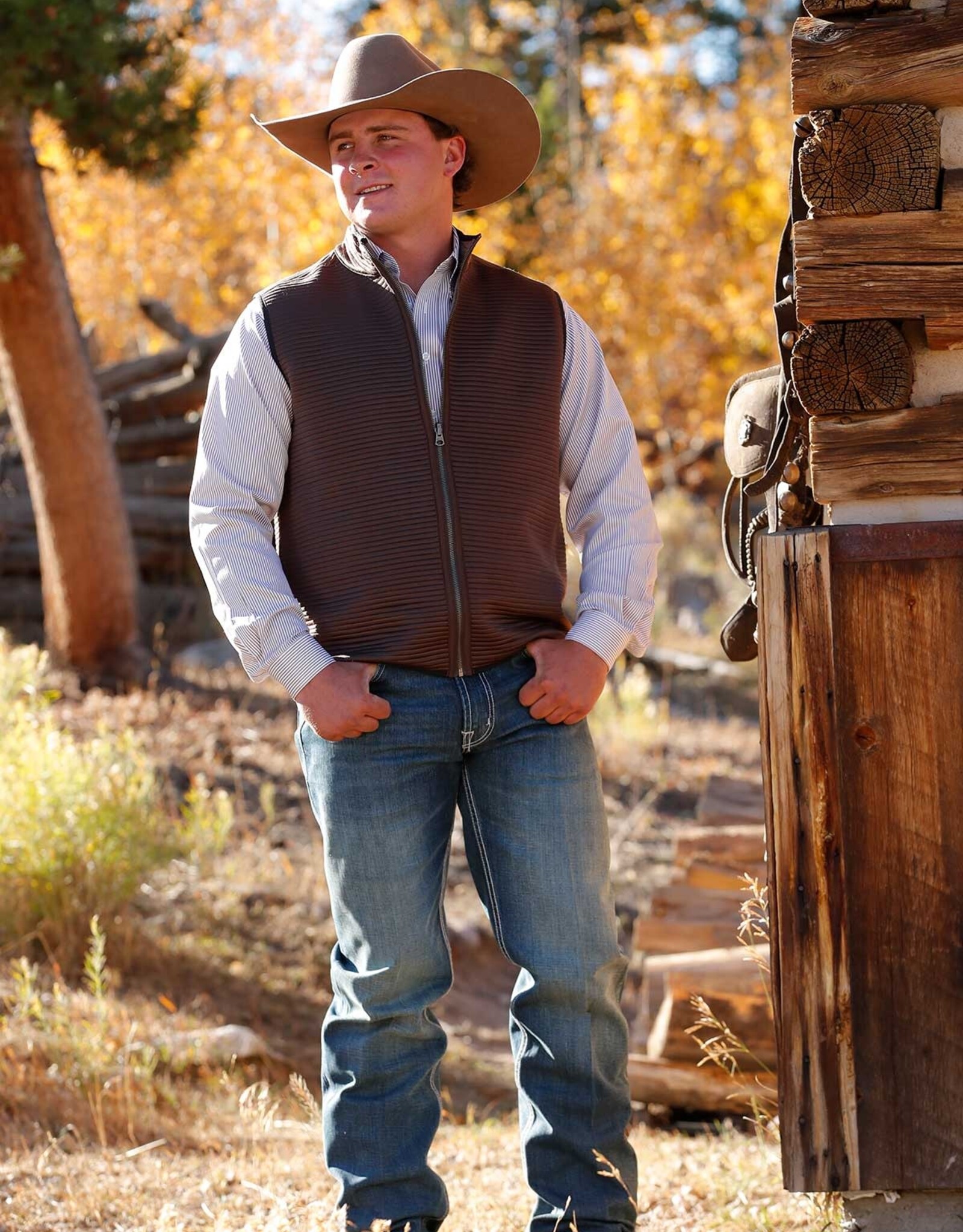 Cinch Mens Cinch Reversible Chocolate and Tan Western Ribbed Sweater Vest