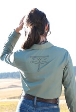 Womens Cruel Denim Silky Green Boot Stitch Long Sleeve Western Snap Shirt