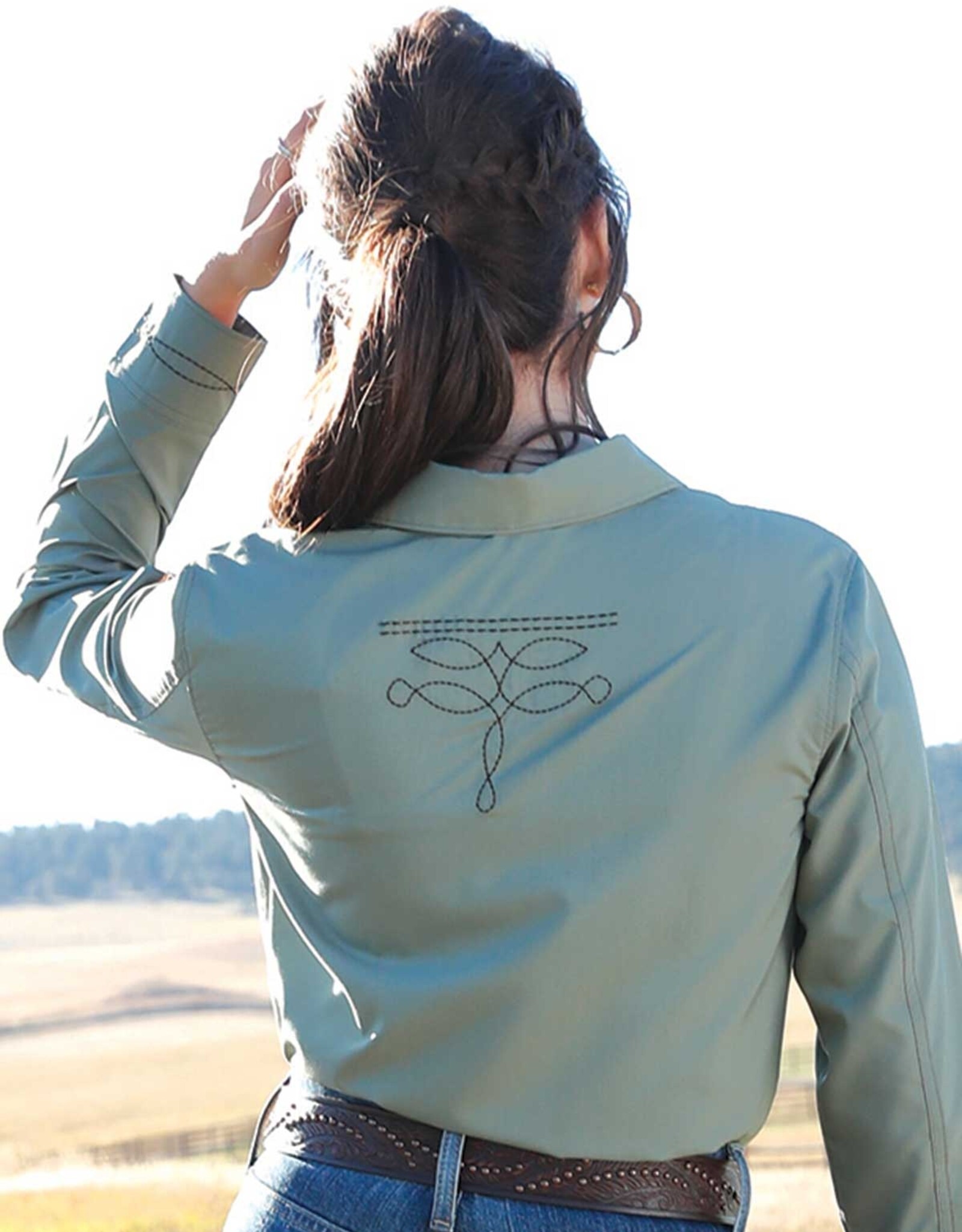 Womens Cruel Denim Silky Green Boot Stitch Long Sleeve Western Snap Shirt