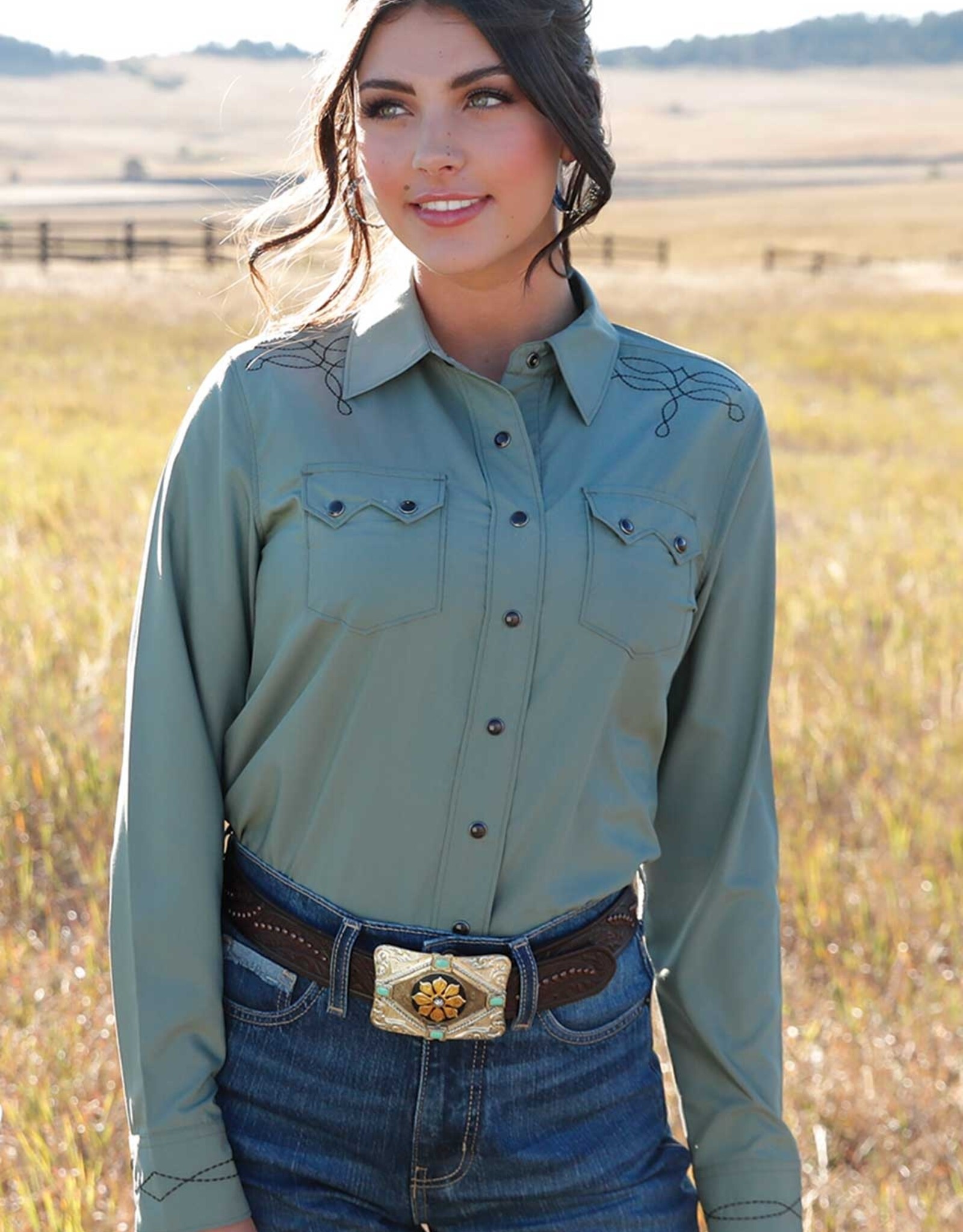 Womens Cruel Denim Silky Green Boot Stitch Long Sleeve Western Snap Shirt