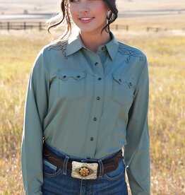 Womens Cruel Denim Silky Green Boot Stitch Long Sleeve Western Snap Shirt