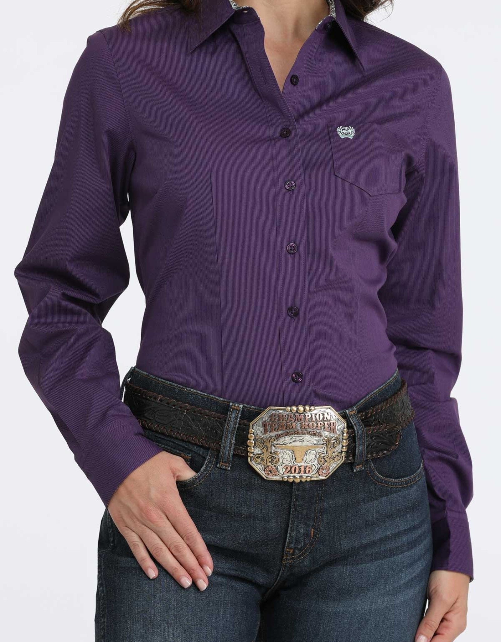 Cinch Womens Cinch Purple Micro Stripe Stretch Long Sleeve Button Western Arena Shirt
