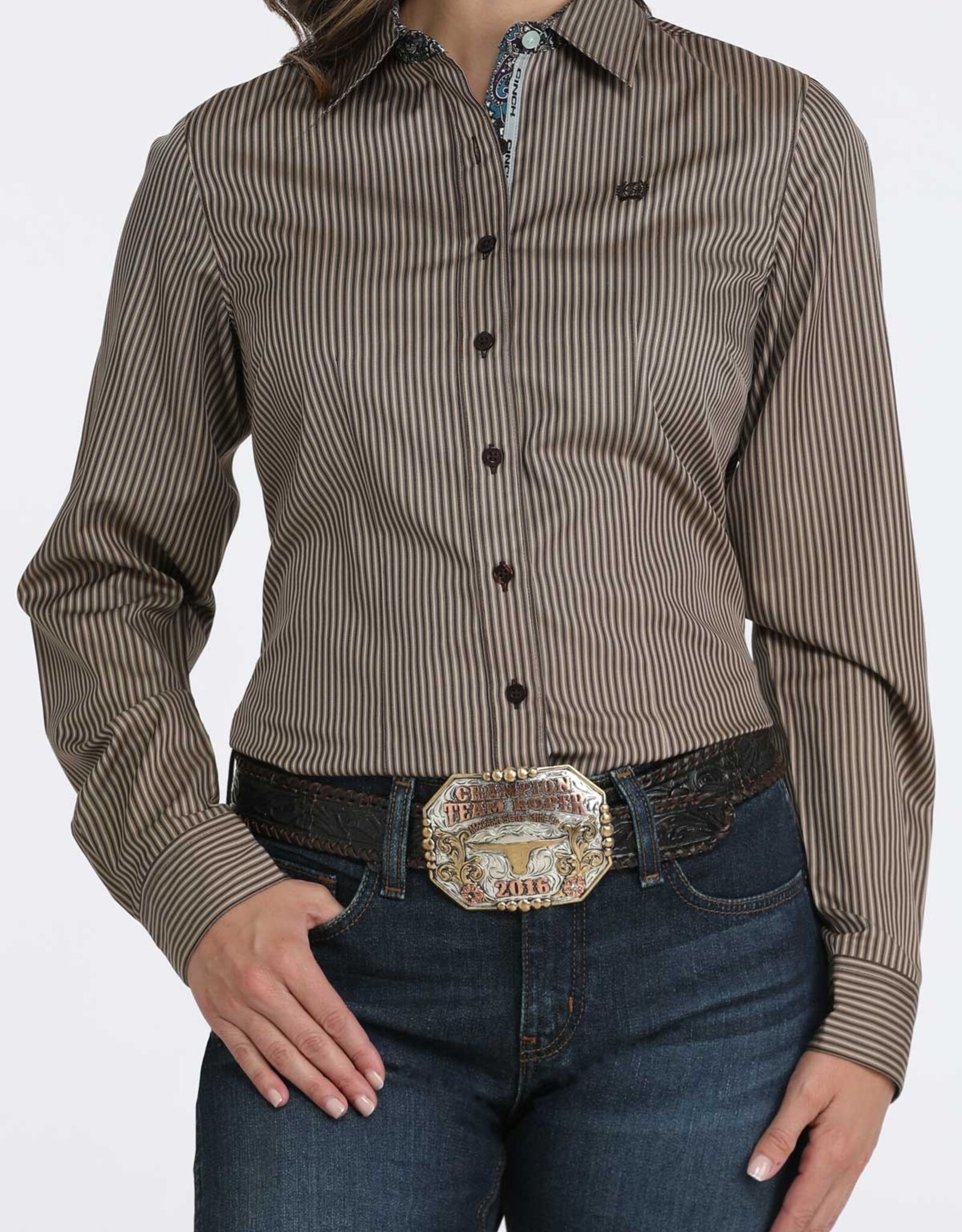 Cinch Womens Cinch Brown Tencel Stripe Long Sleeve Button Western Arena Shirt