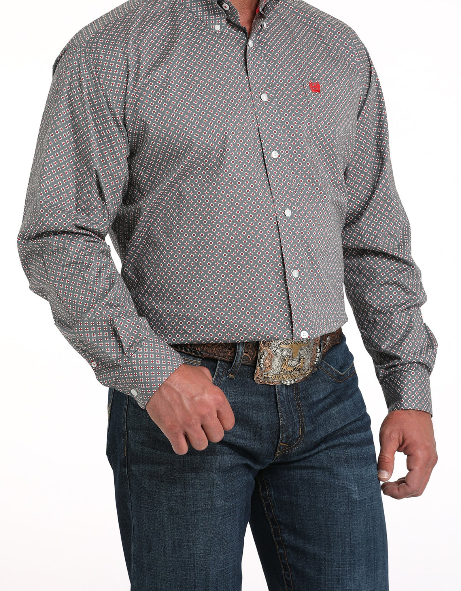 Cinch Mens Cinch Stretch Grey Print Long Sleeve Western Button Arena Shirt