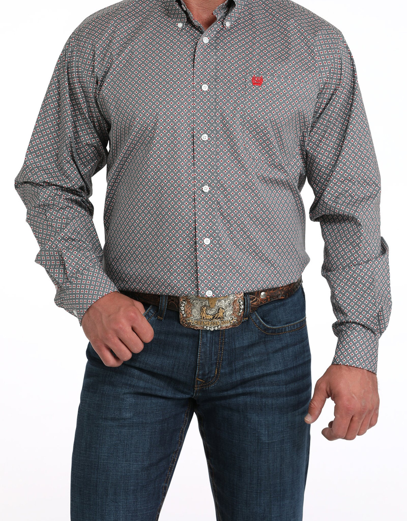Cinch Mens Cinch Stretch Grey Print Long Sleeve Western Button Arena Shirt
