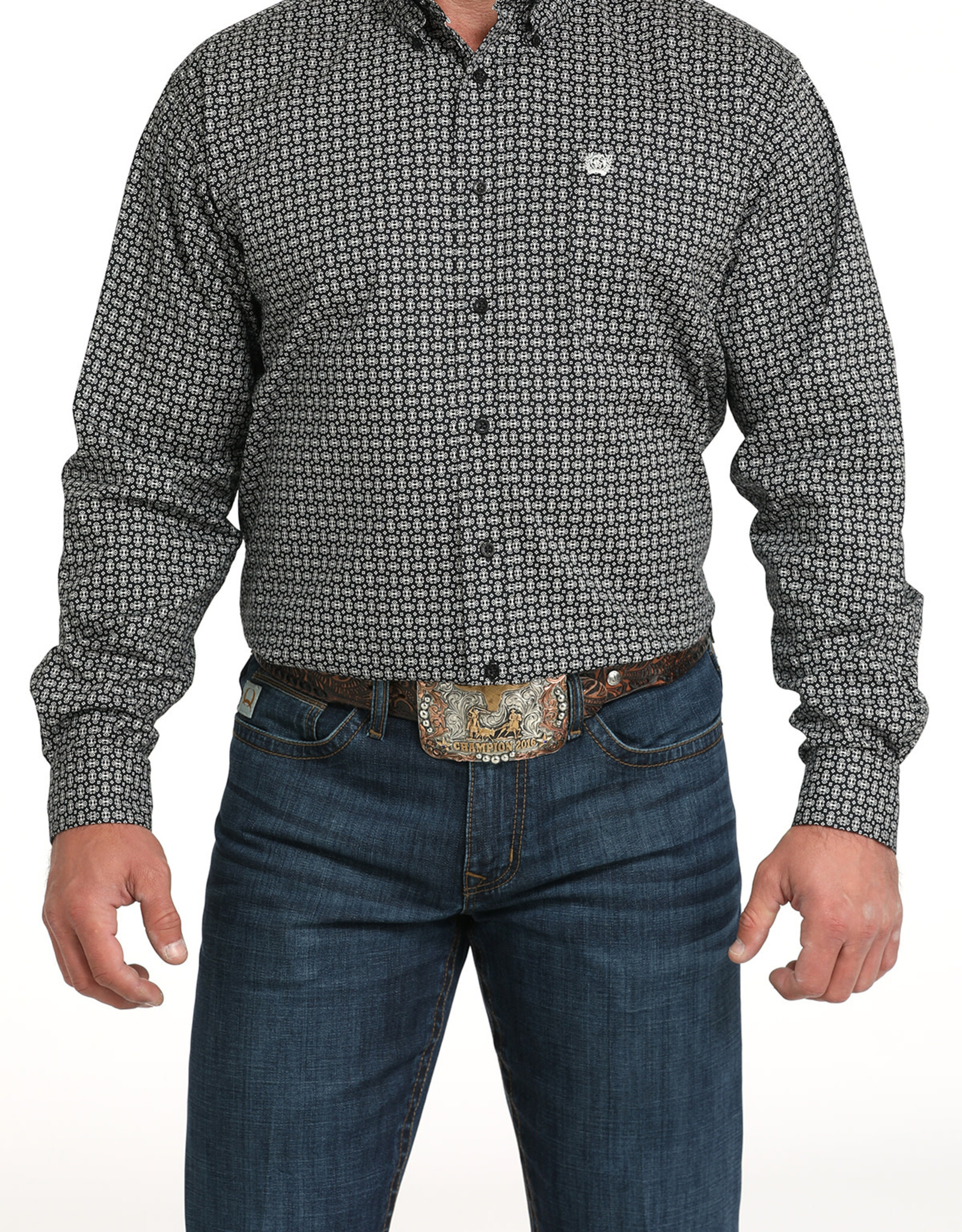 Cinch Mens Cinch Black White Print Long Sleeve Stretch Western Button Shirt