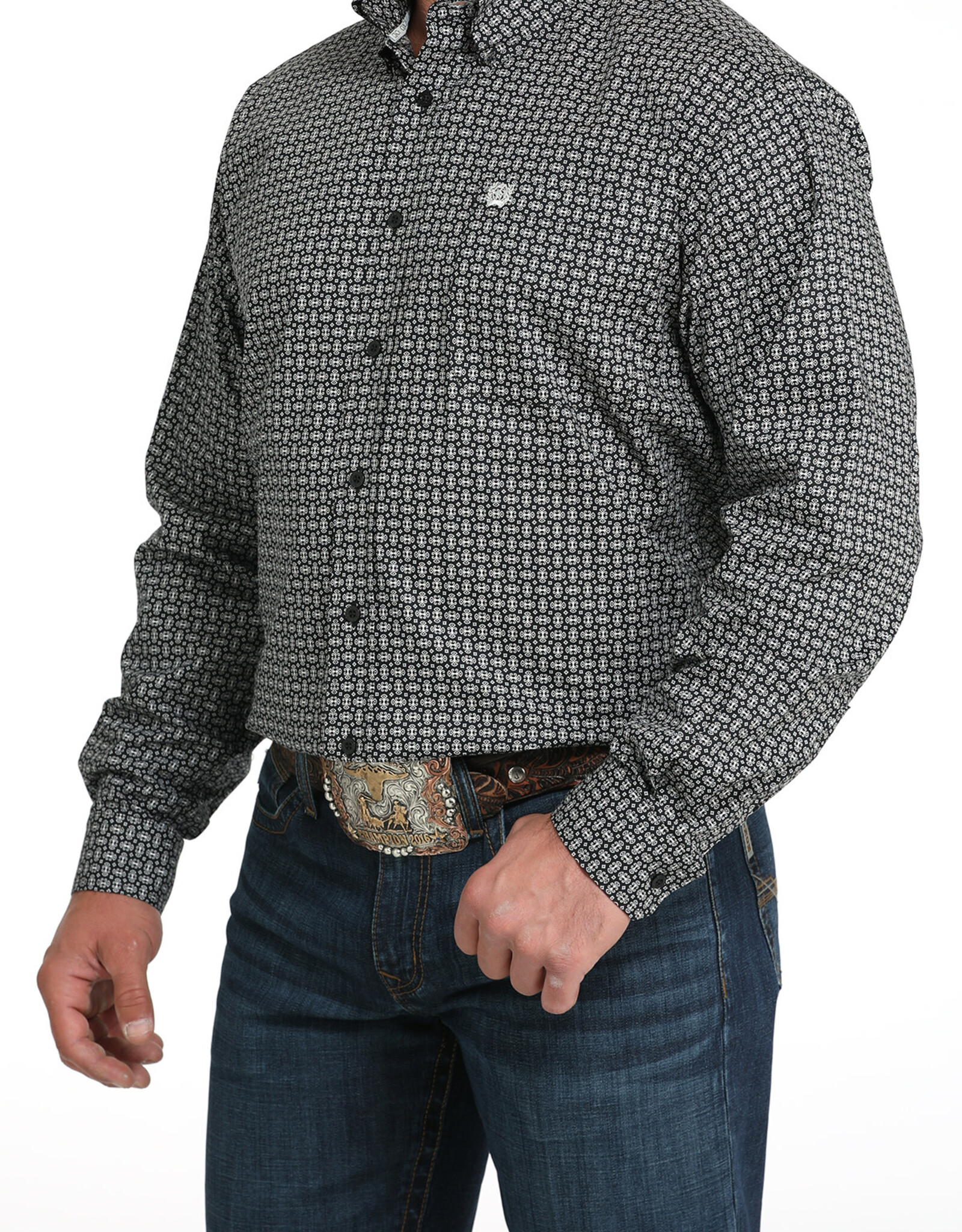 Cinch Mens Cinch Black White Print Long Sleeve Stretch Western Button Shirt