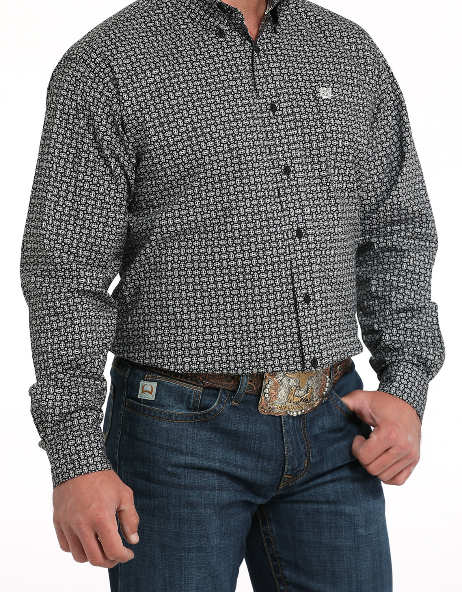 Cinch Mens Cinch Black White Print Long Sleeve Stretch Western Button Shirt