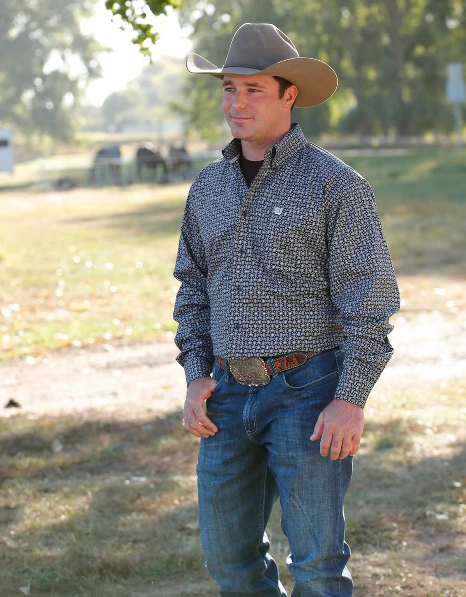 Cinch Mens Cinch Black White Print Long Sleeve Stretch Western Button Shirt