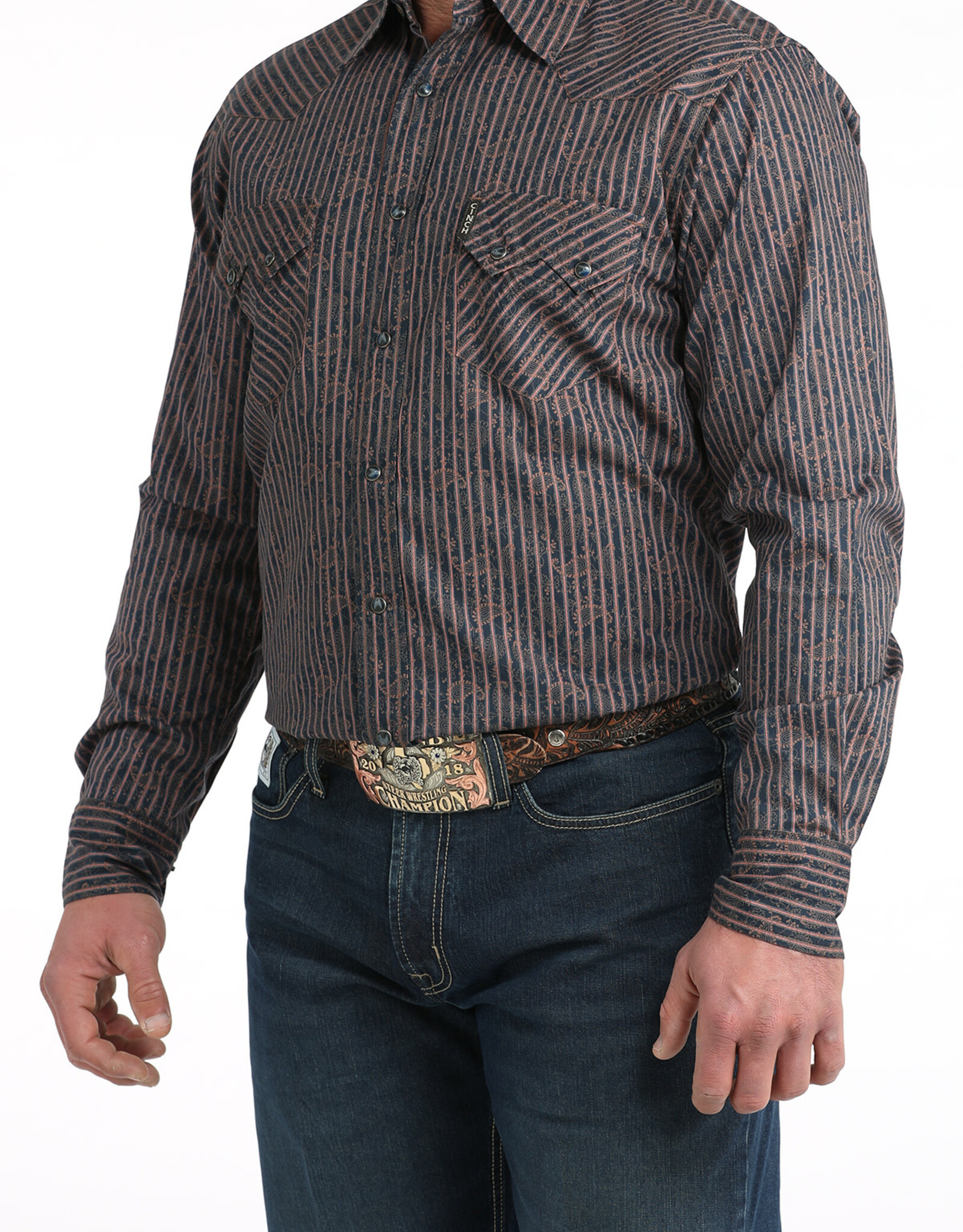 Cinch Mens Cinch Modern Fit Navy Paisley Stripe Two Pocket Long Sleeve Western Snap Shirt