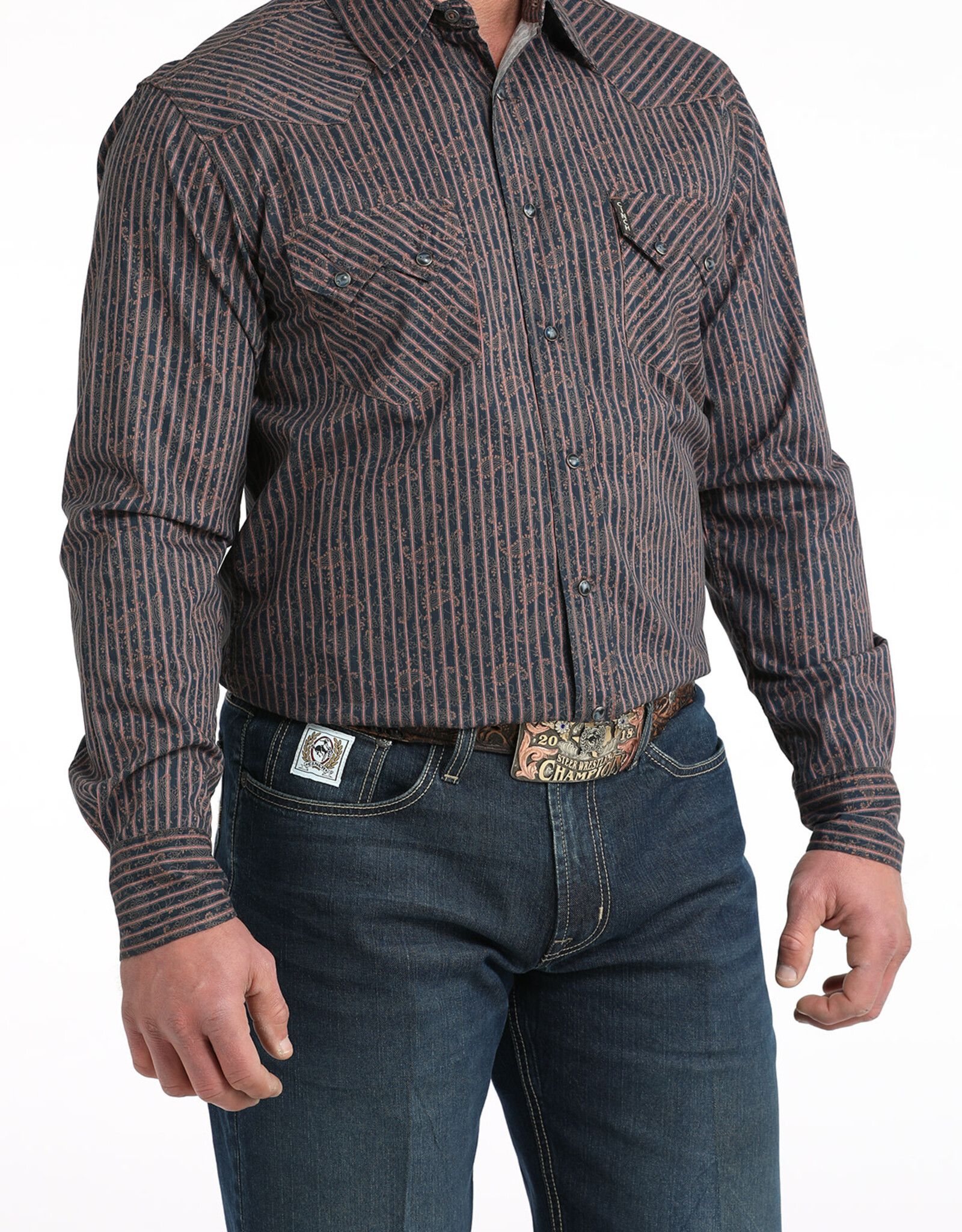Cinch Mens Cinch Modern Fit Navy Paisley Stripe Two Pocket Long Sleeve Western Snap Shirt