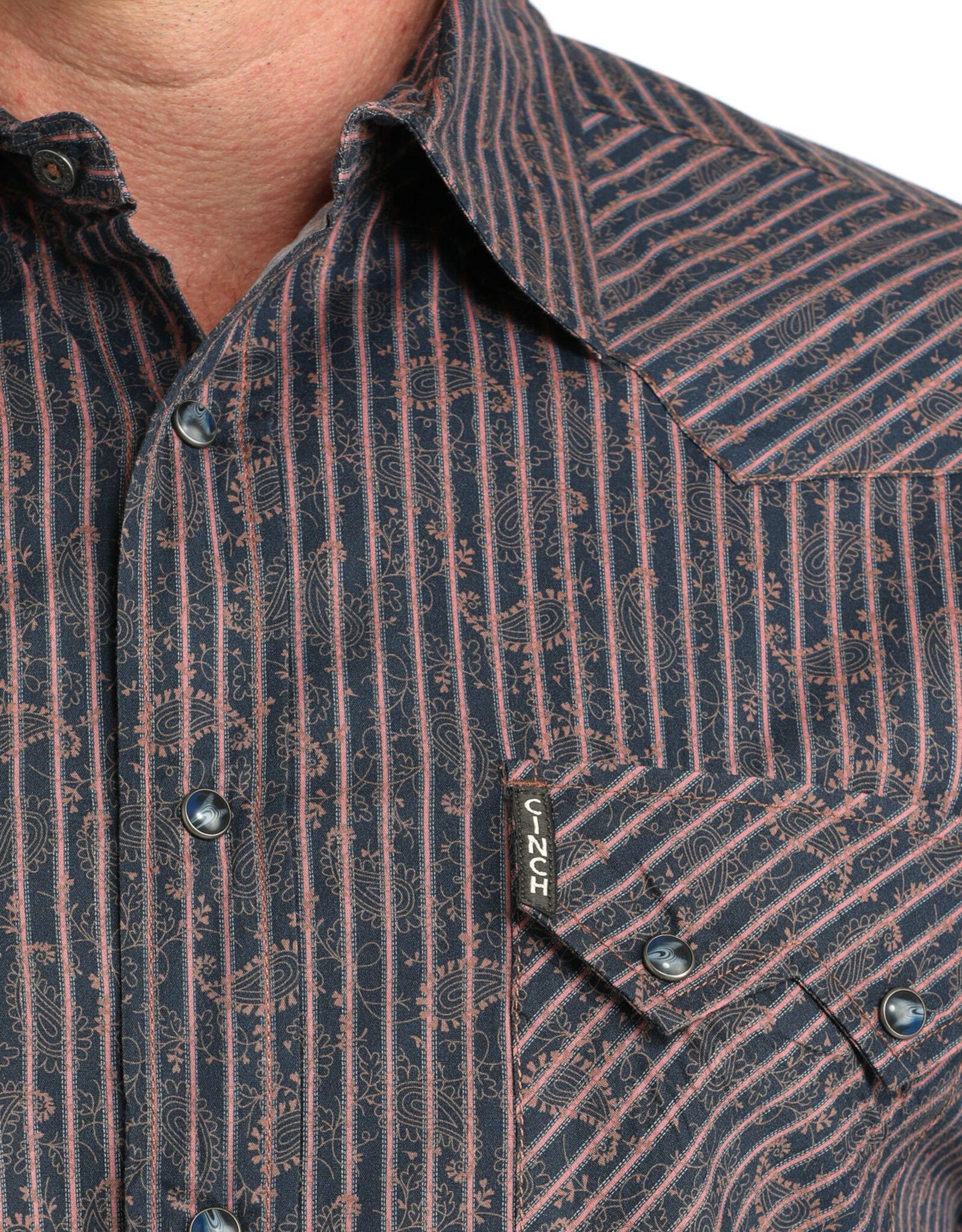Cinch Mens Cinch Modern Fit Navy Paisley Stripe Two Pocket Long Sleeve Western Snap Shirt