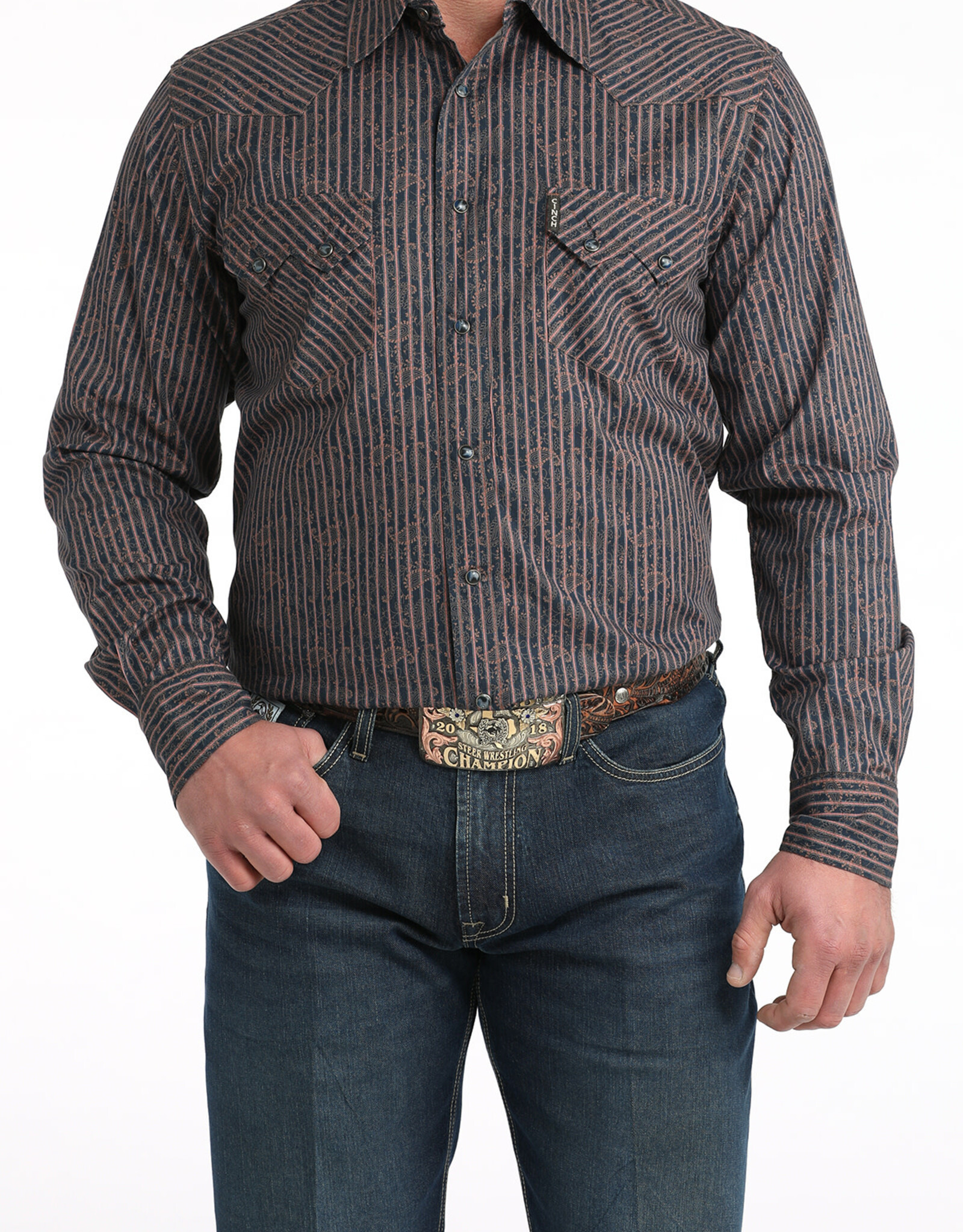 Cinch Mens Cinch Modern Fit Navy Paisley Stripe Two Pocket Long Sleeve Western Snap Shirt