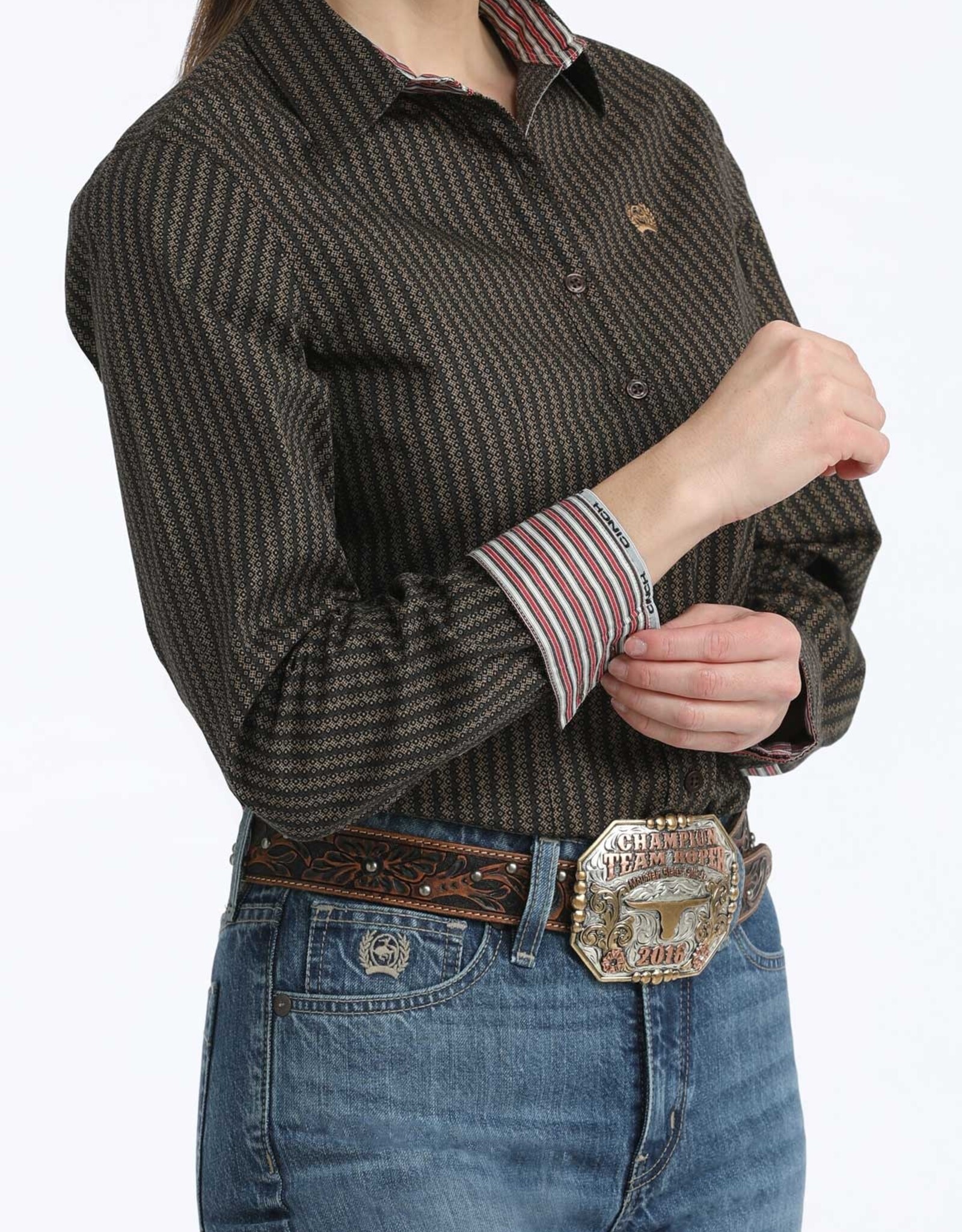 Cinch Womens Cinch Brown Stripe Print Long Sleeve Button Western Arena Shirt