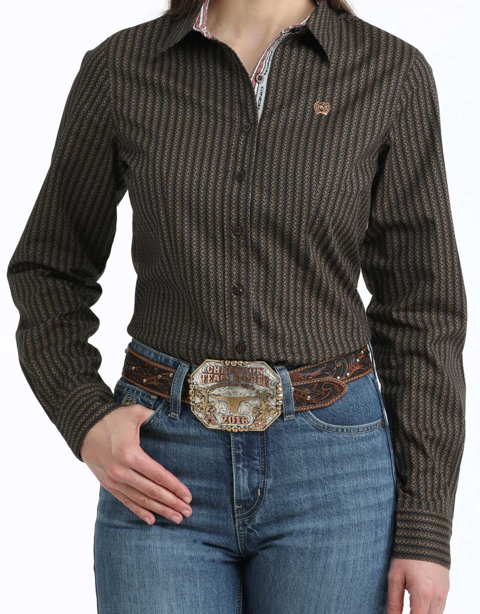 Cinch Womens Cinch Brown Stripe Print Long Sleeve Button Western Arena Shirt