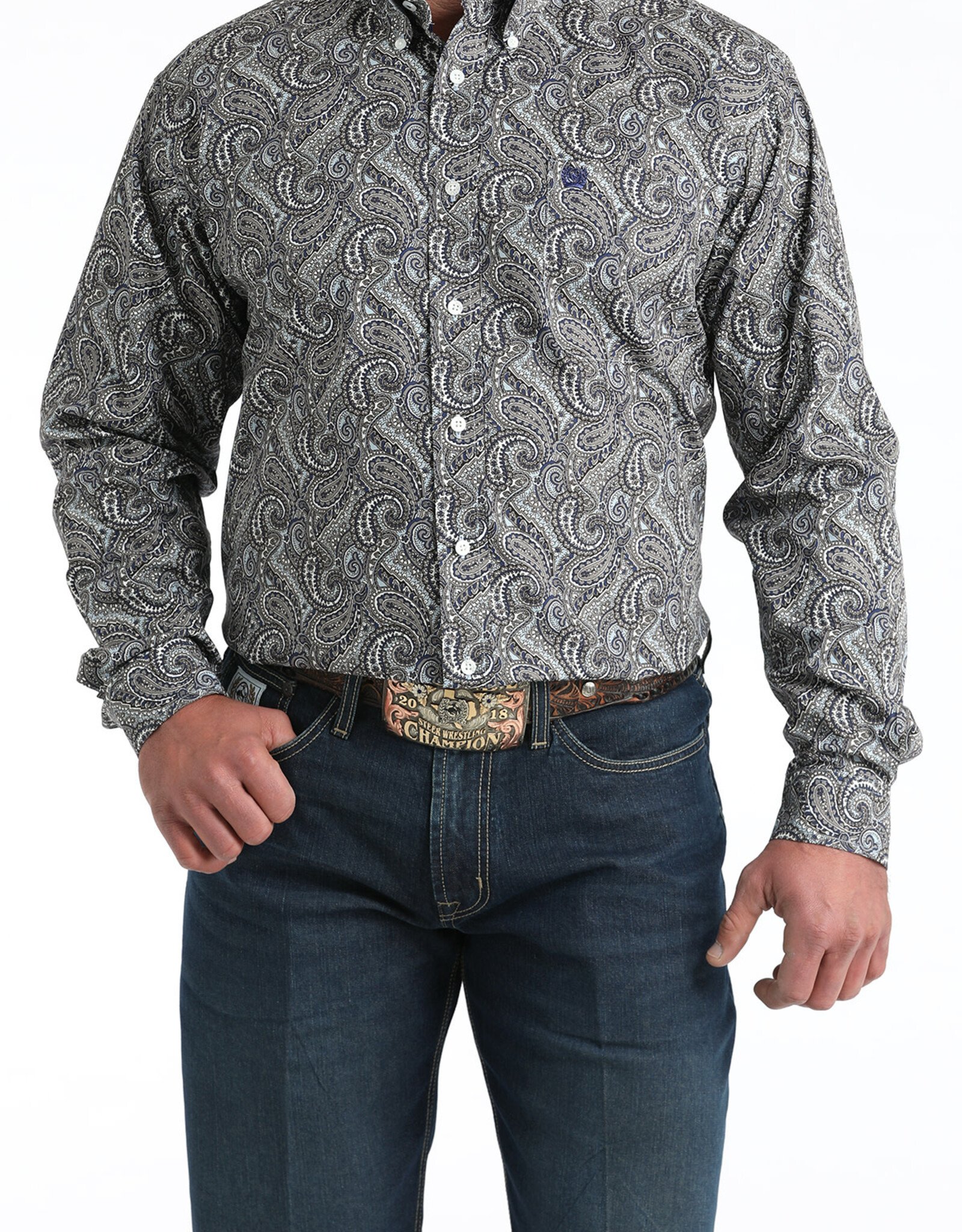 Cinch Mens Classic Cinch Grey Navy Paisley Long Sleeve Western Button Shirt