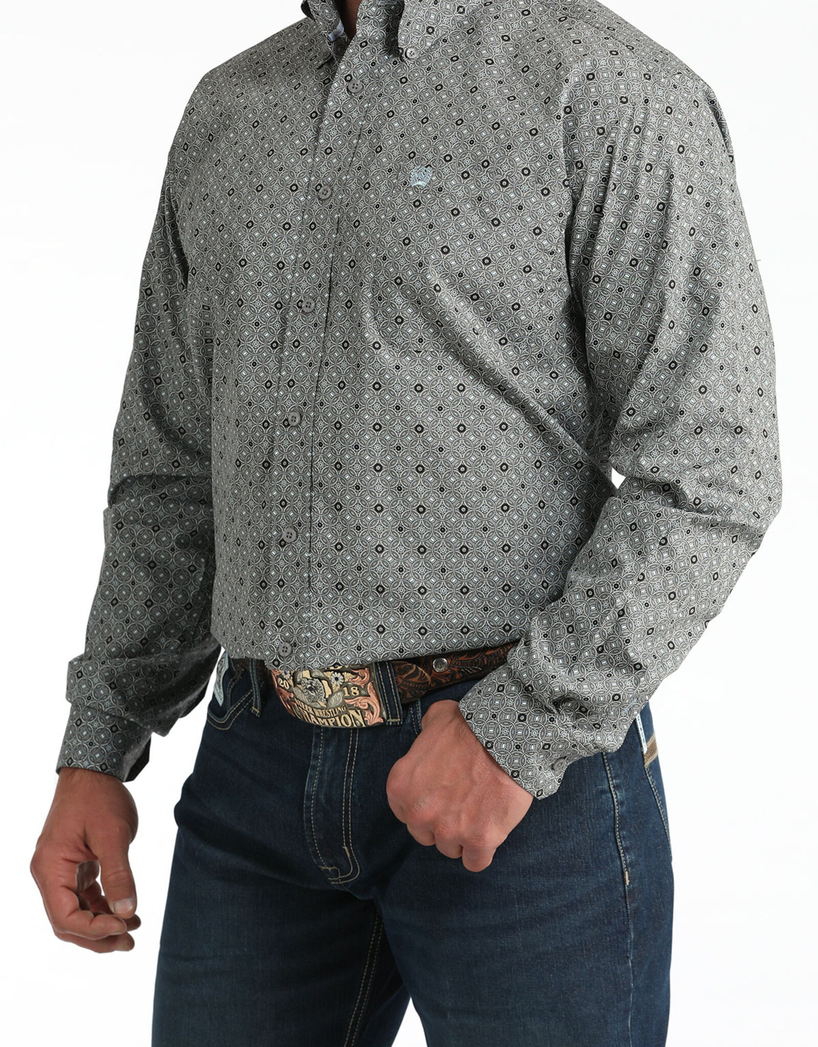 Cinch Mens Classic Cinch Grey Circular Pattern Long Sleeve Western Button Shirt