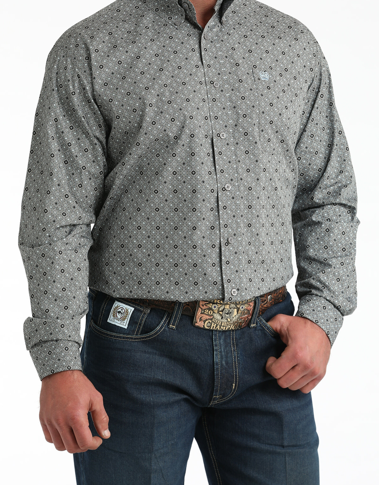 Cinch Mens Classic Cinch Grey Circular Pattern Long Sleeve Western Button Shirt