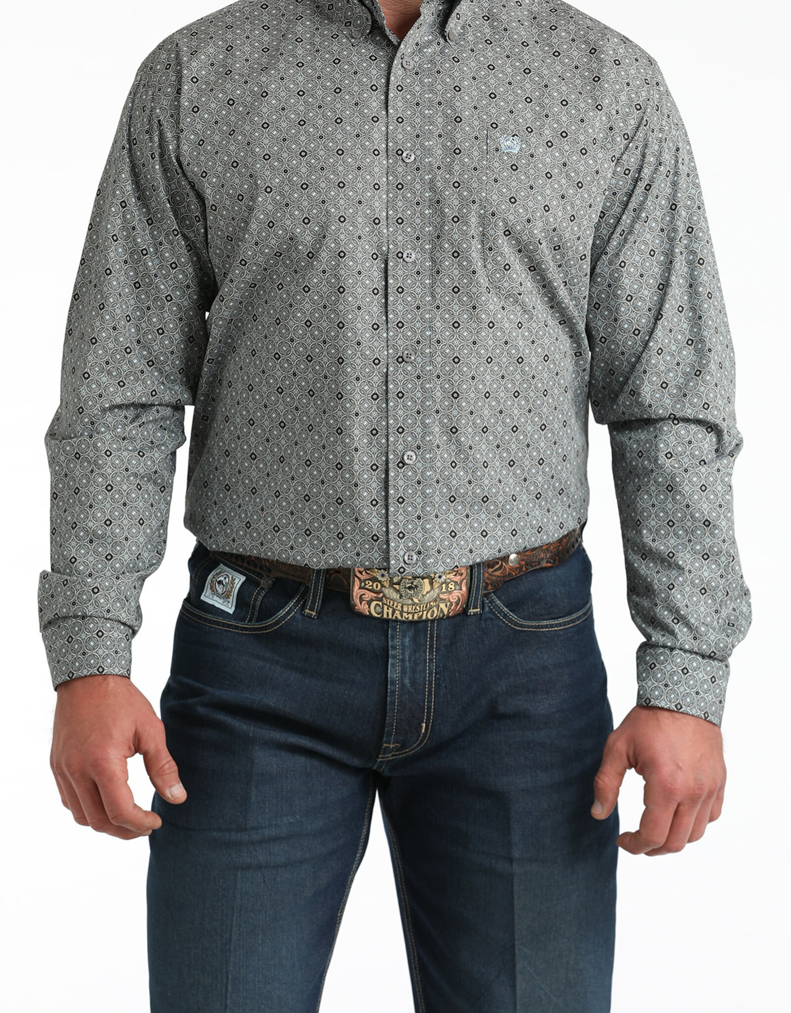 Cinch Mens Classic Cinch Grey Circular Pattern Long Sleeve Western Button Shirt