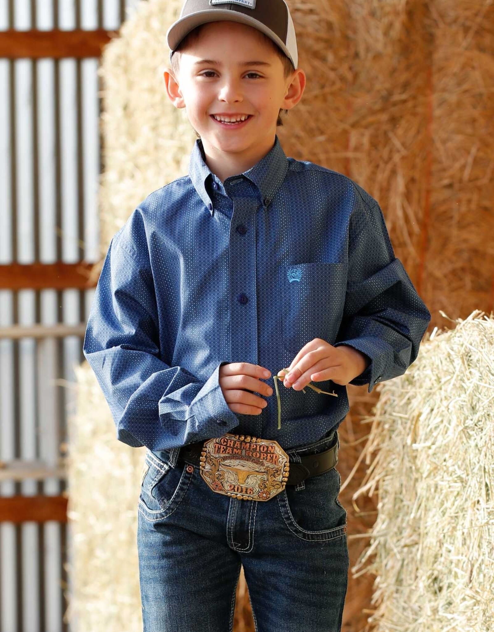 Cinch Boys Cinch Royal Blue Stripe Pattern Long Sleeve Button Western Shirt