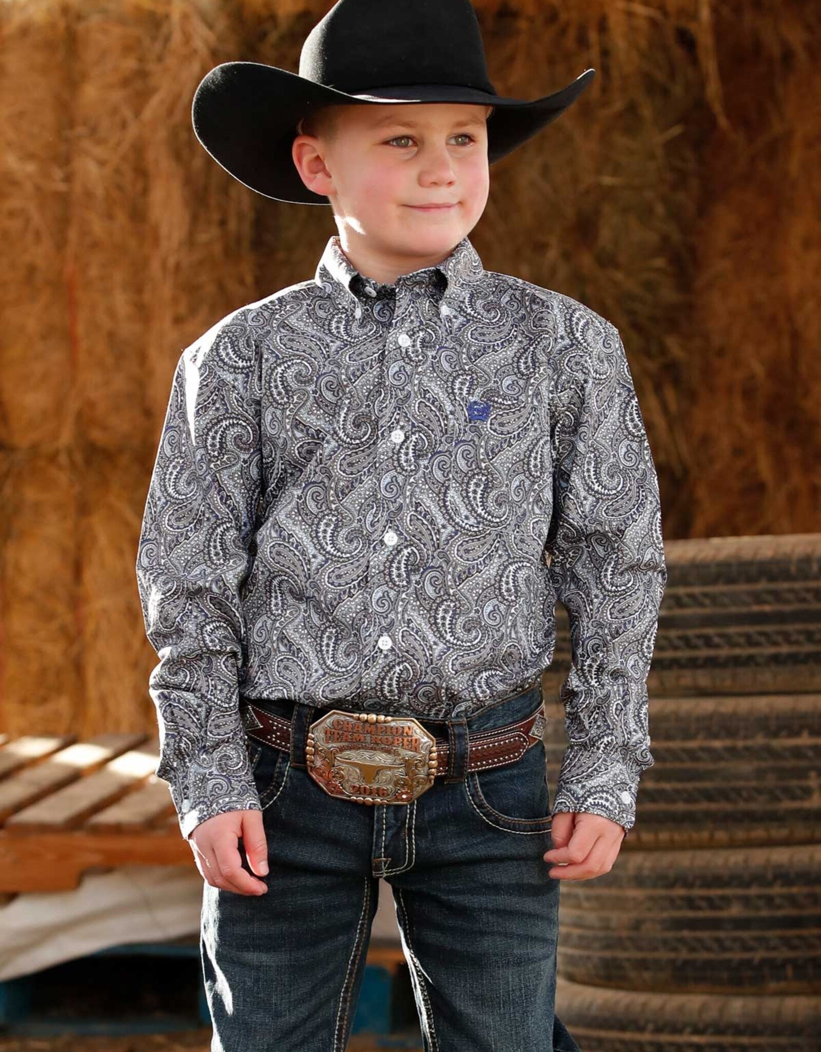Cinch Boys Cinch Grey Navy Paisley Long Sleeve Button Western Shirt