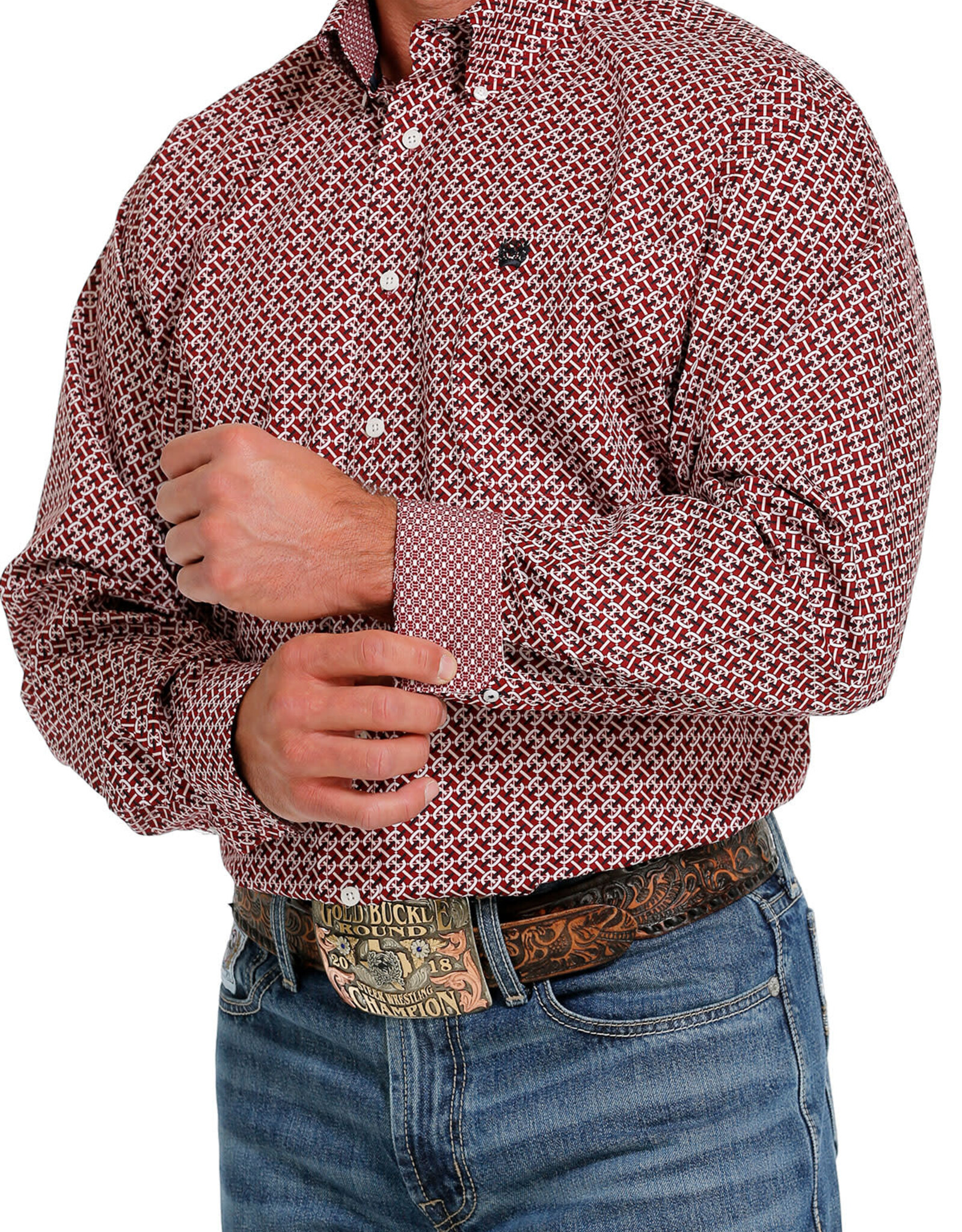Cinch Mens Cinch Long Sleeve Red Geo Print Western Button Arena Shirt