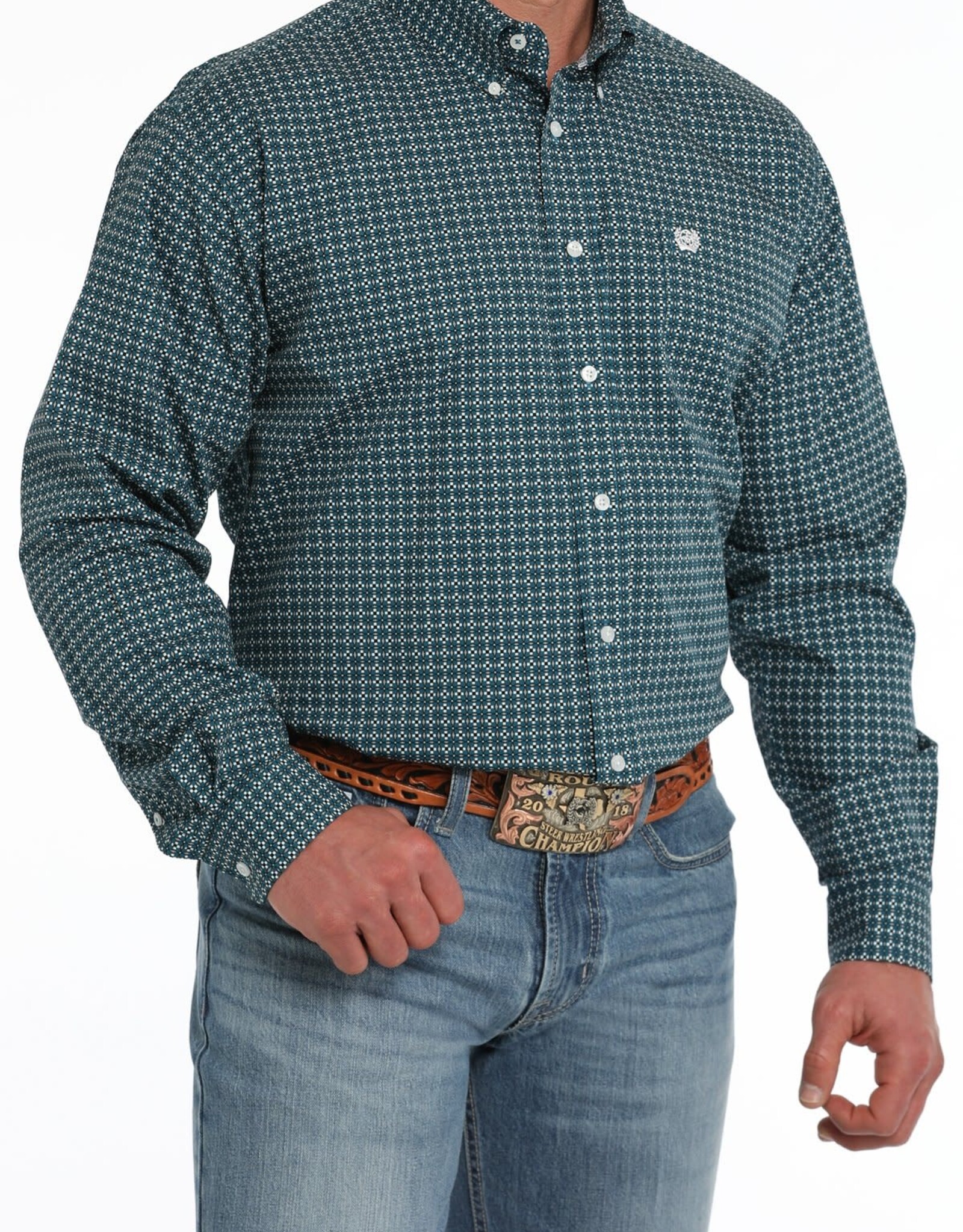 Cinch Mens Cinch Teal and White Geo Print Long Sleeve Western Button Arena Shirt
