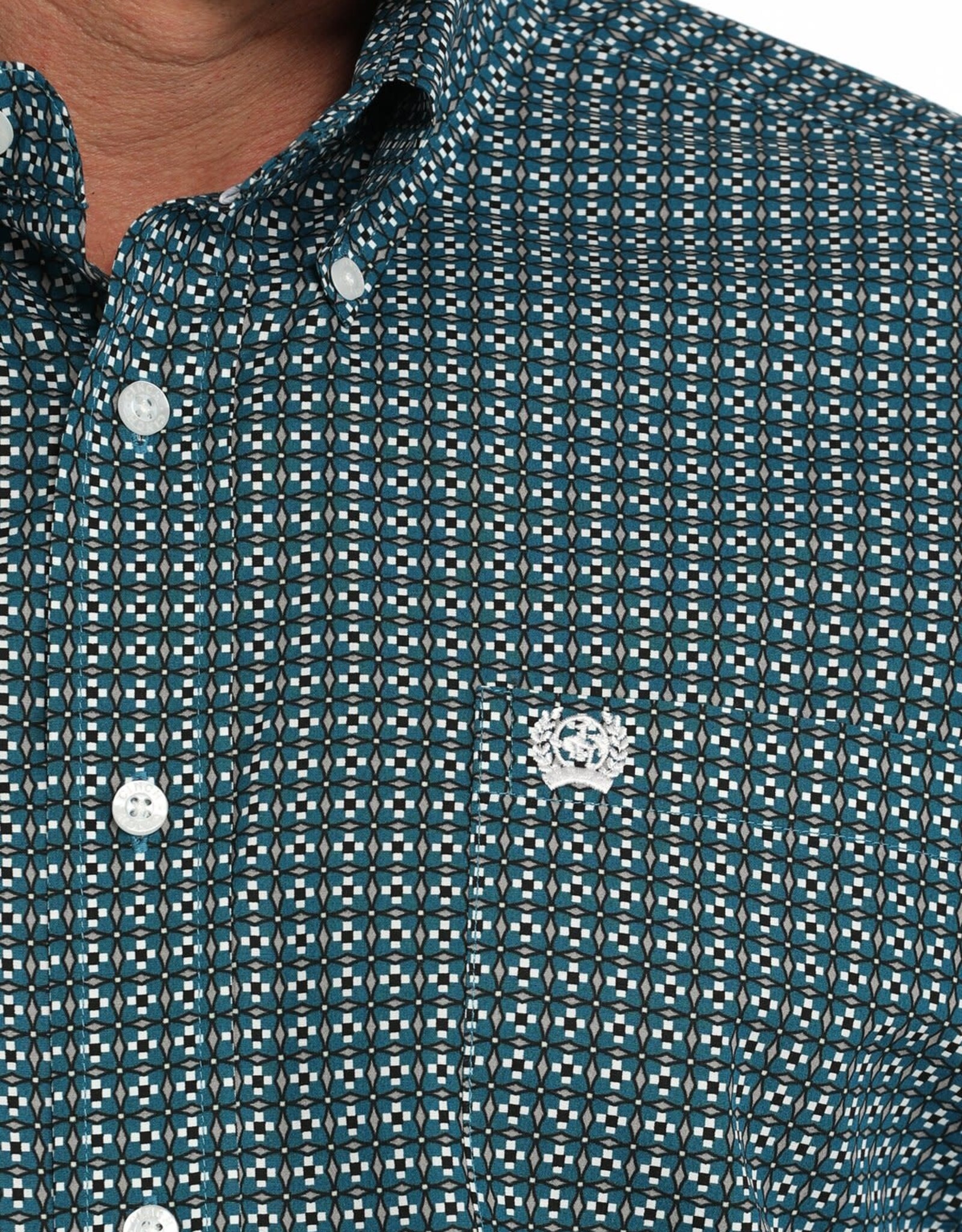 Cinch Mens Cinch Teal and White Geo Print Long Sleeve Western Button Arena Shirt
