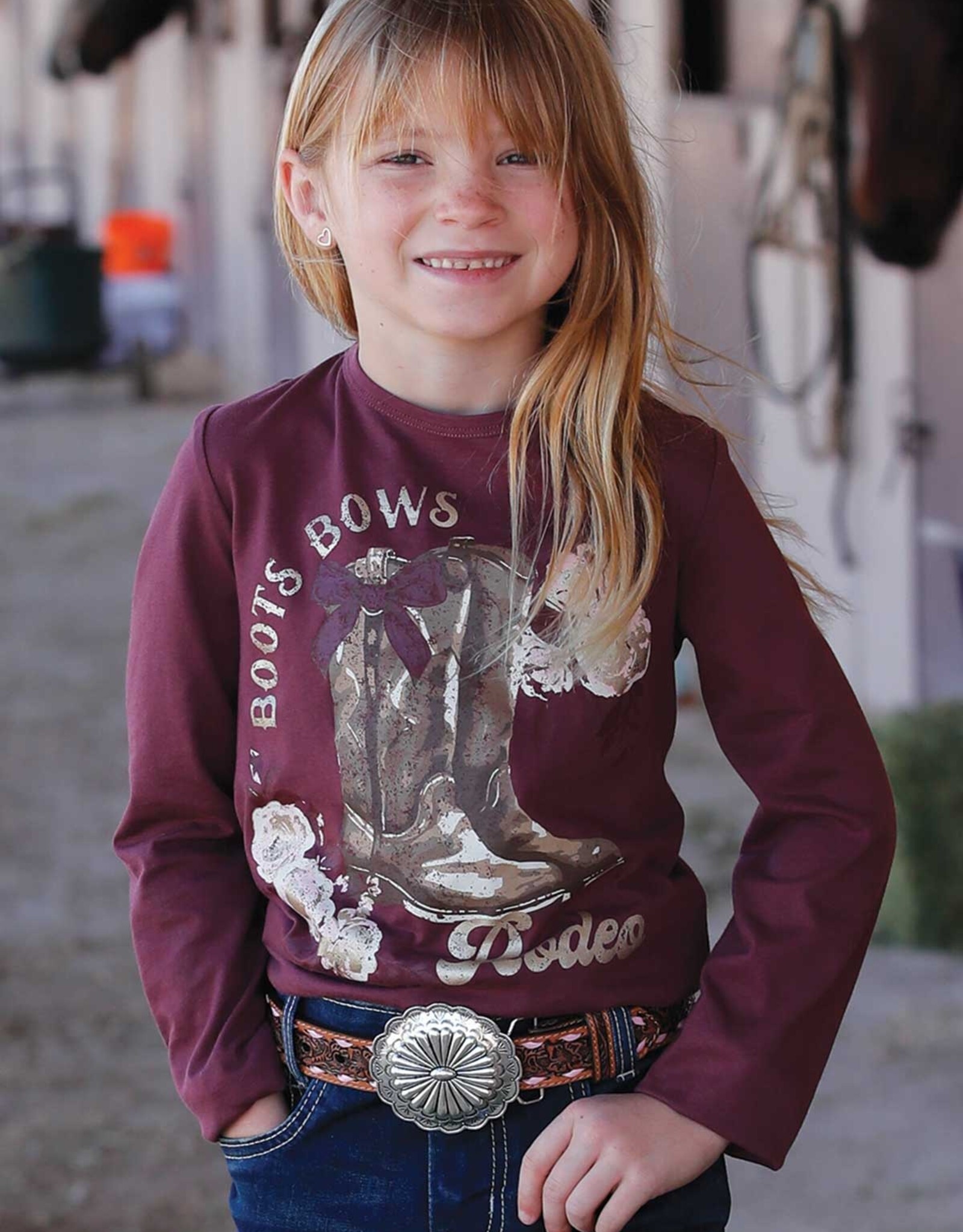 Girls Boots Bows Rodeos Burgundy Long Sleeve T Shirt