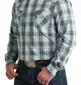 Cinch Mens Cinch Modern Fit Blue Plaid Two Pocket Long Sleeve Western Snap Shirt